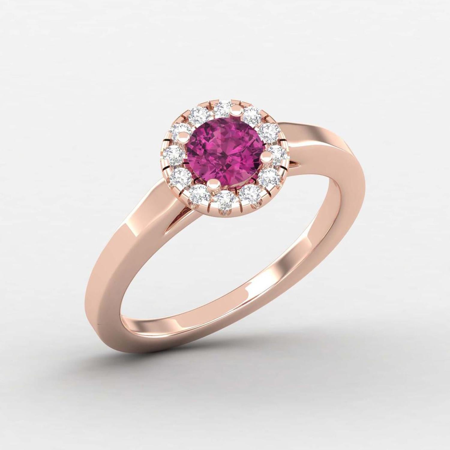Taille ronde Bague solitaire en or 14 carats avec tourmaline rose et diamants pour elle en vente