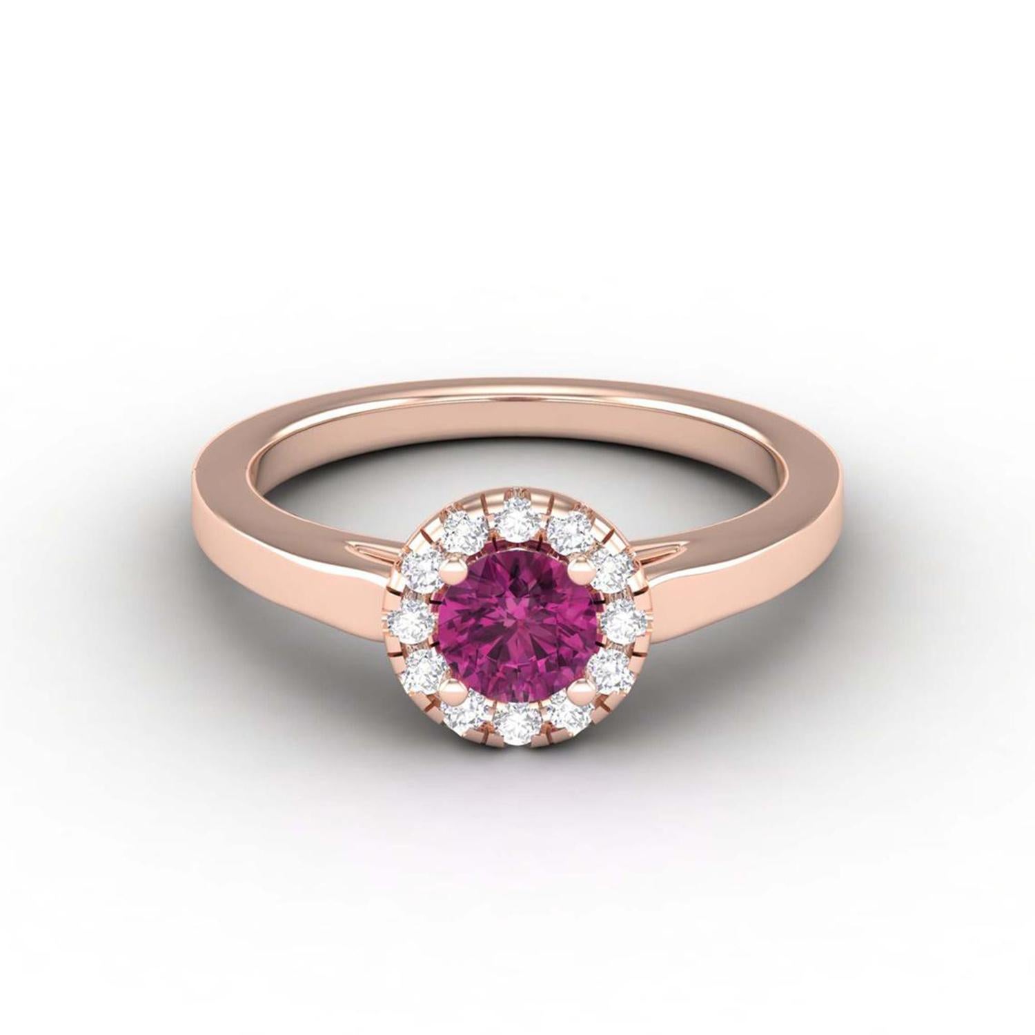 Bague solitaire en or 14 carats avec tourmaline rose et diamants pour elle en vente 1