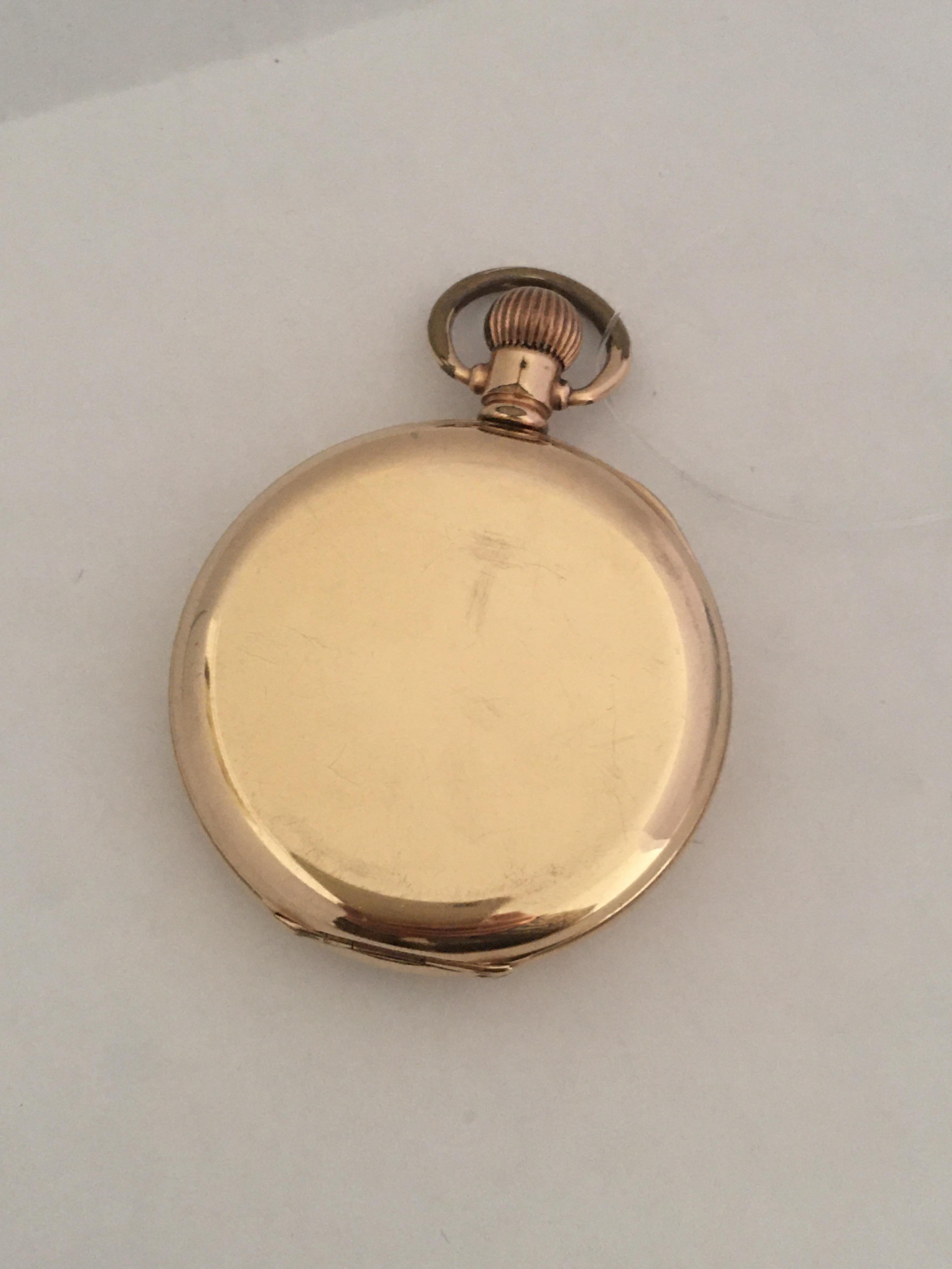 This Beautiful Full Hunter Gold plated 50mm Antique Pocket Watch is in good Working condition and it is ticking well. Visible sign of gentle wearing.

Please study the images carefully as form part of the description. 