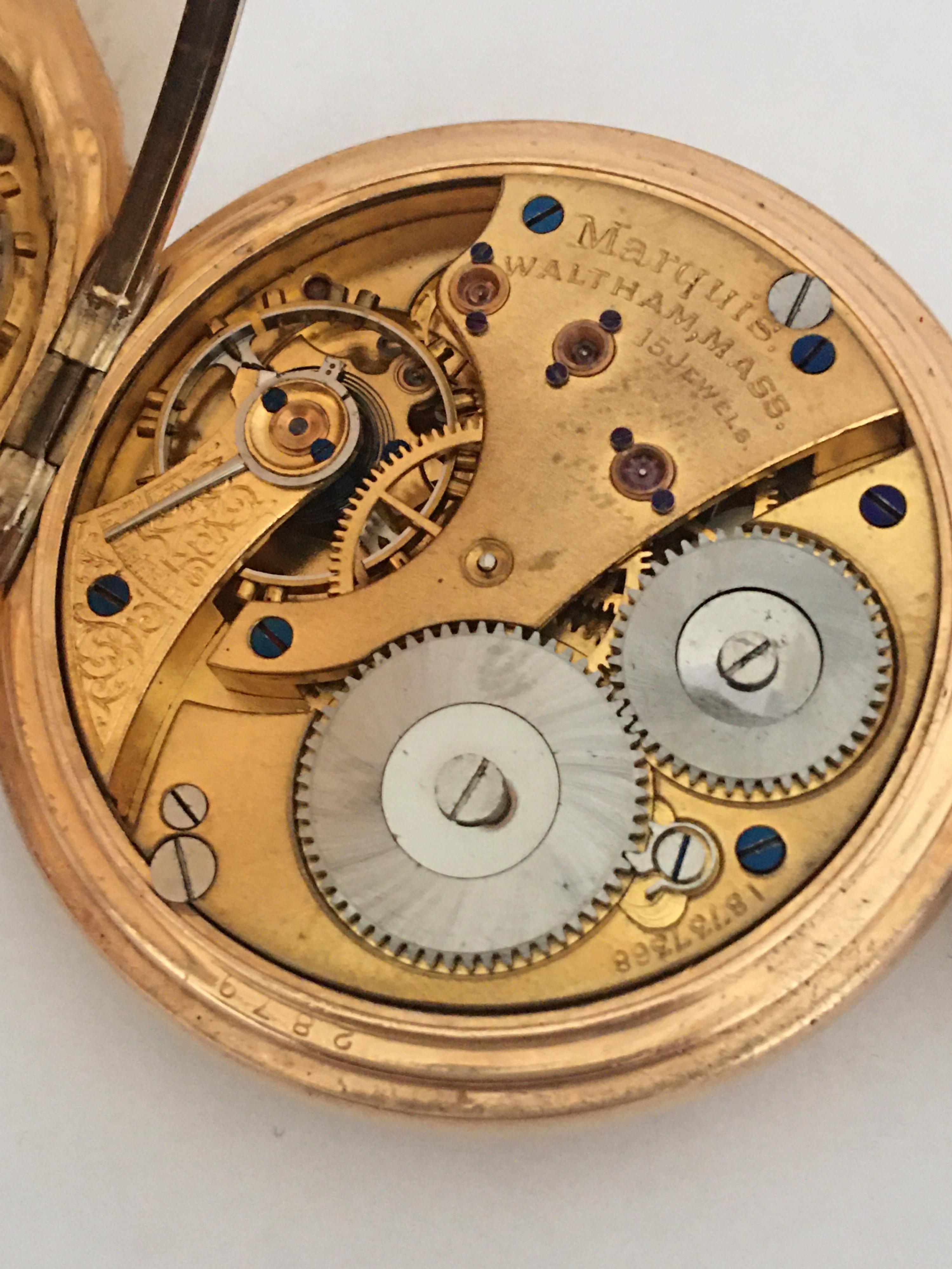 14 Karat Gold-Plated Full Hunter Dennison Case Marquis Waltham Mass Pocket Watch 1