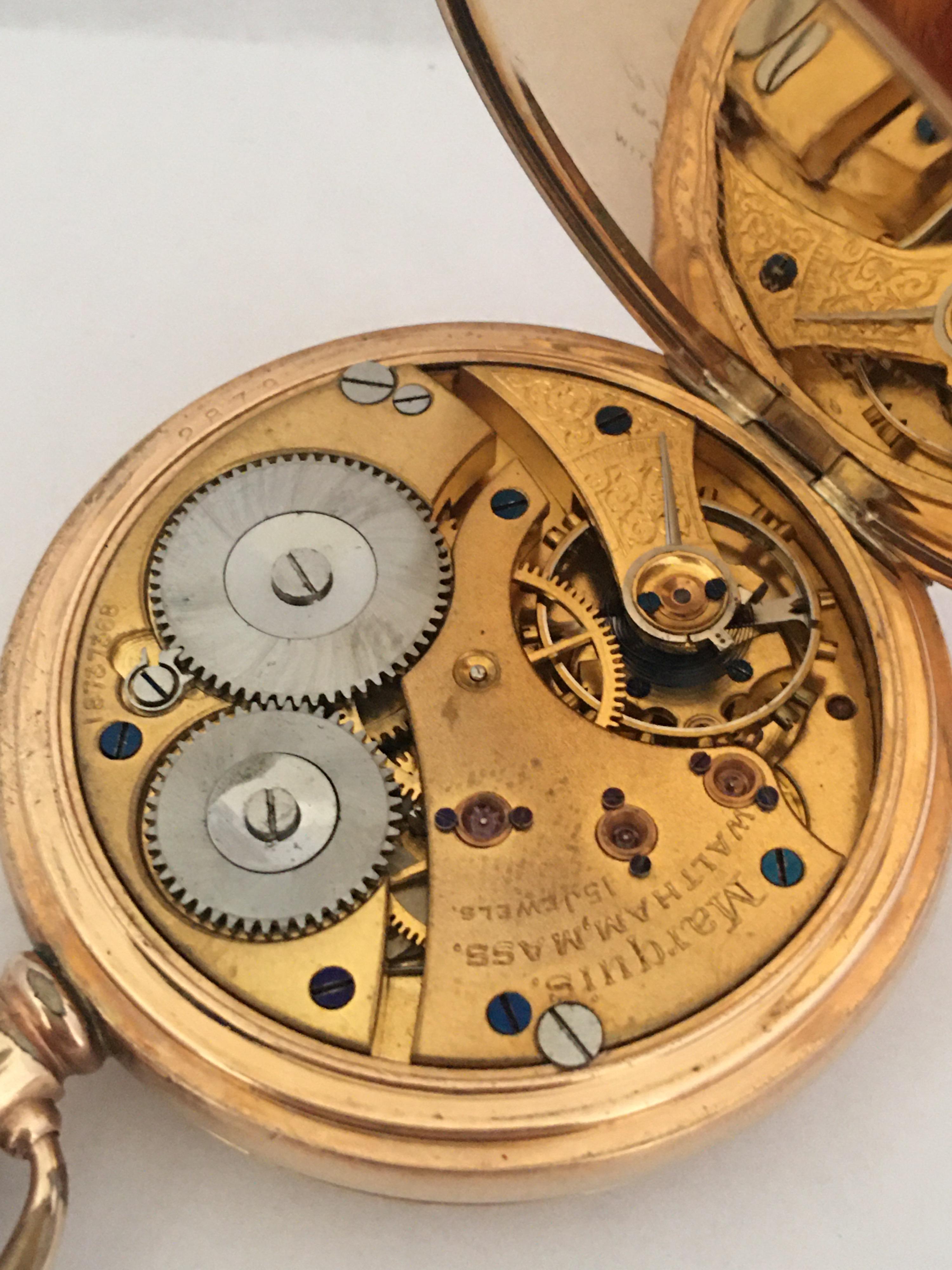 14 Karat Gold-Plated Full Hunter Dennison Case Marquis Waltham Mass Pocket Watch 2