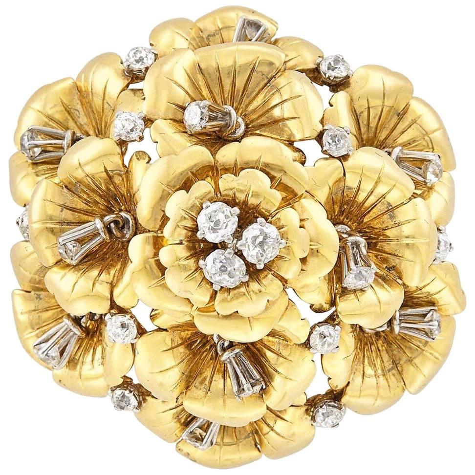 14 Karat Gold, Platinum and Three Old-Mine Diamond Domed Flower Brooch For Sale