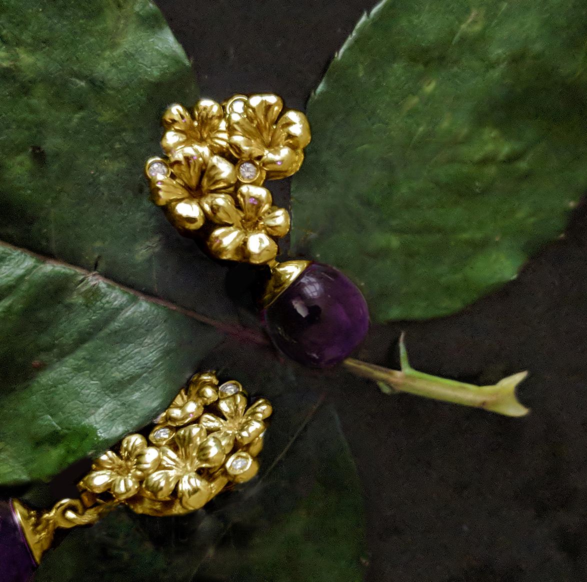 Women's 14 Karat Gold Plum Flowers Contemporary Earrings with Diamonds and Amethyst For Sale