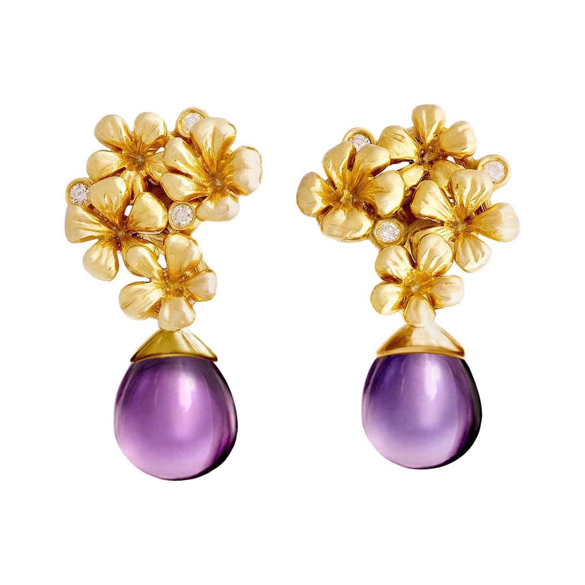14 Karat Gold Plum Flowers Contemporary Earrings with Diamonds and Amethyst For Sale