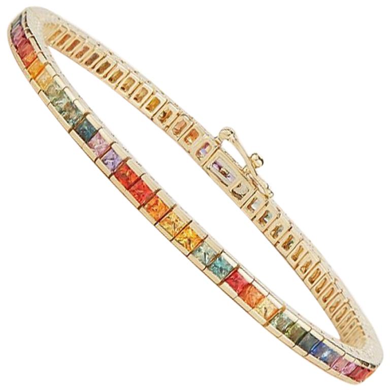 14 Karat Gold Rainbow Sapphire Tennis Bracelet For Sale