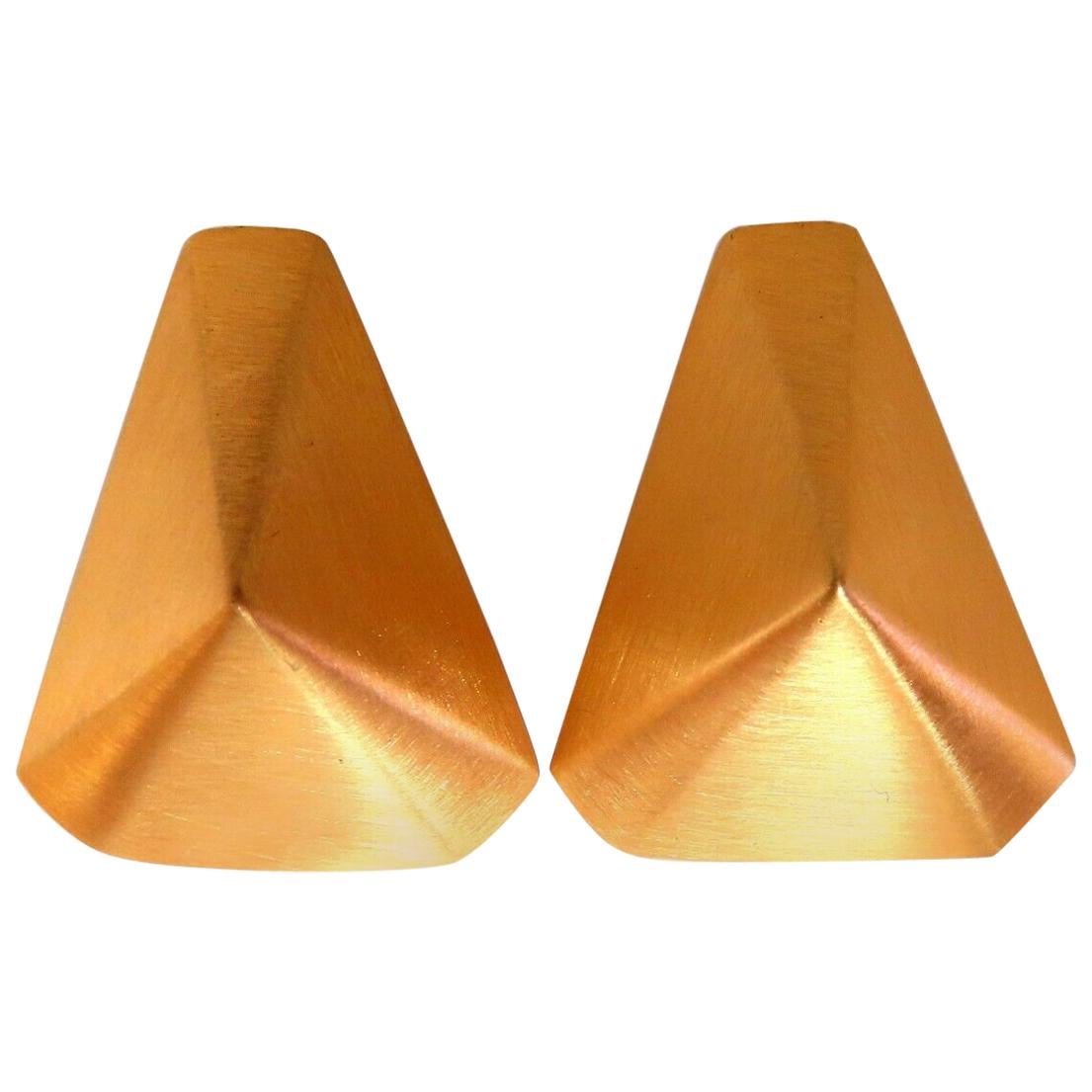 14 Karat Gold Raised Modified Pyramid Clip Earrings Brushed Matte