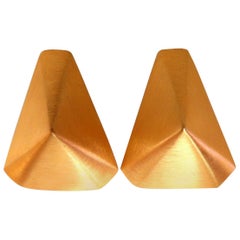 14 Karat Gold Raised Modified Pyramid Clip Earrings Brushed Matte