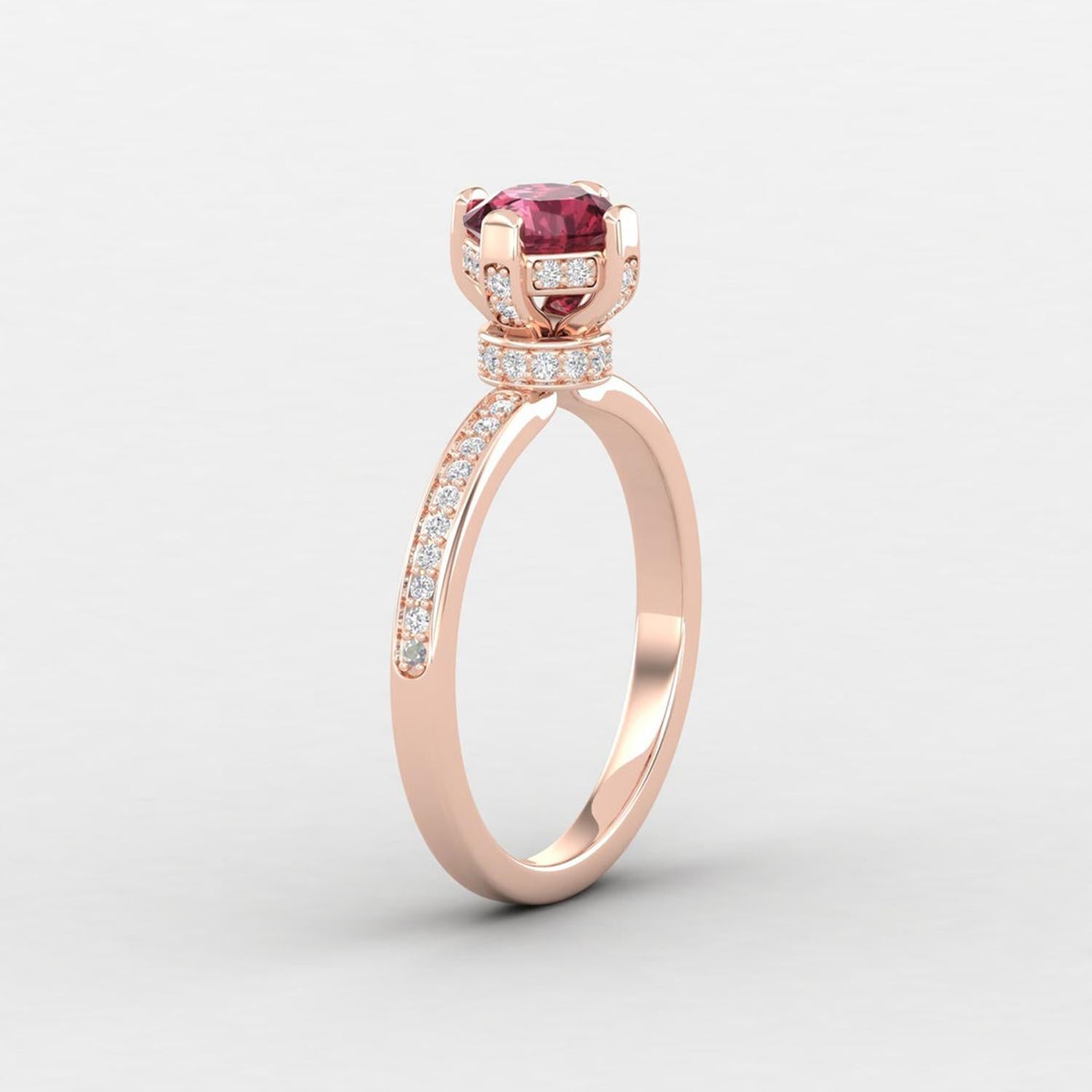 Round Cut 14 Karat Gold Red Garnet Ring / Diamond Solitaire Ring / Engagement Ring for Her For Sale