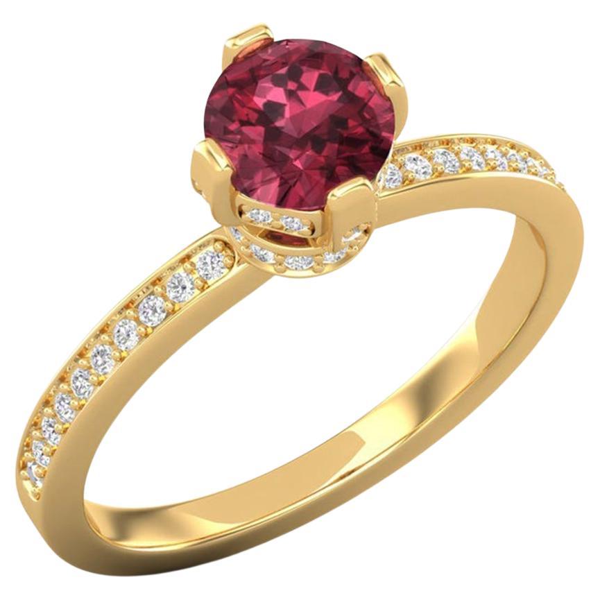 Bague de fiançailles solitaire en or 14 carats avec grenat rouge et diamants pour elle en vente