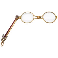 14 Karat Gold Red Ruby and Diamond Lorgnette Handle Opera Glasses, circa 1900