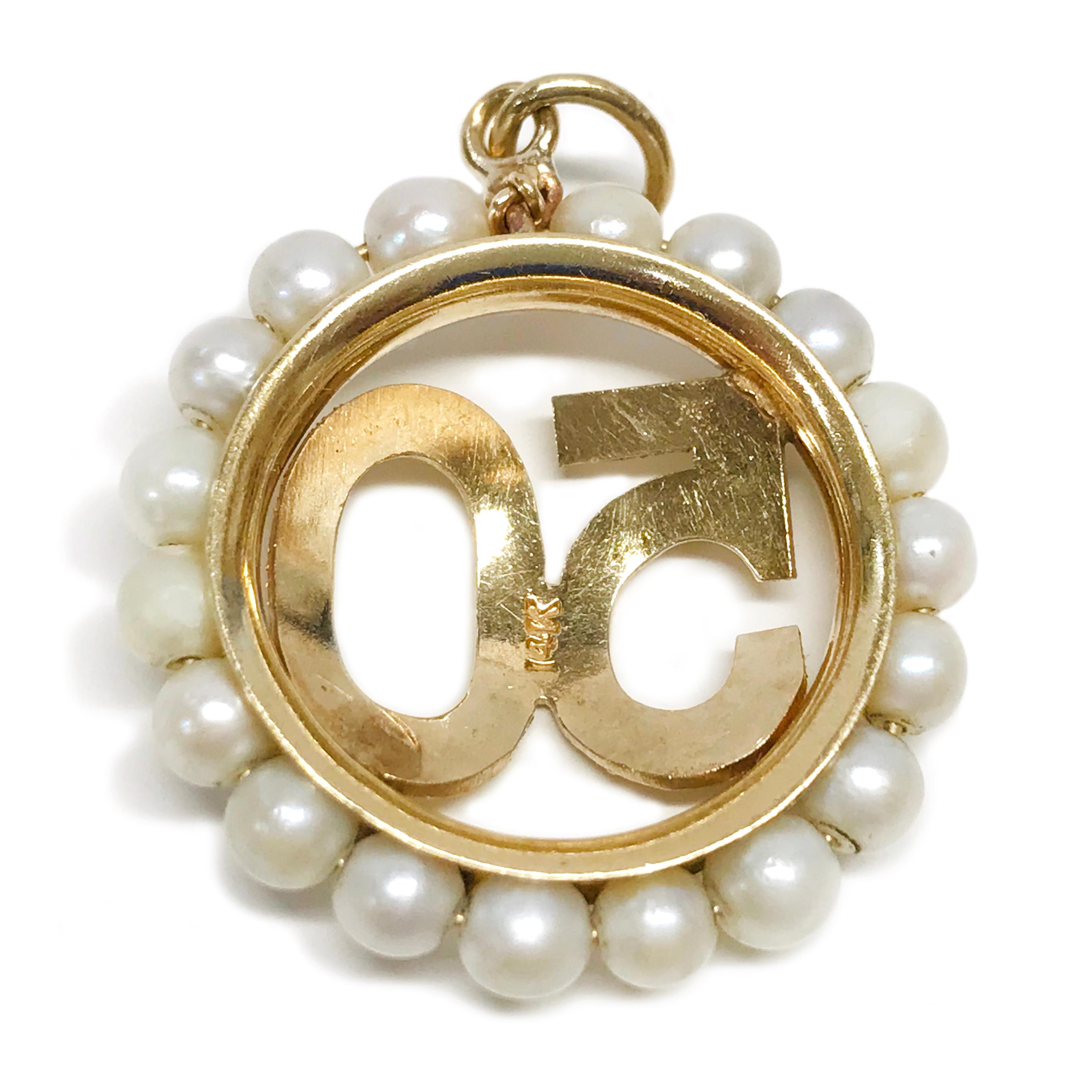 14 Karat Gold Rembrandt 50 Ring of Pearls Pendant In Fair Condition For Sale In Palm Desert, CA