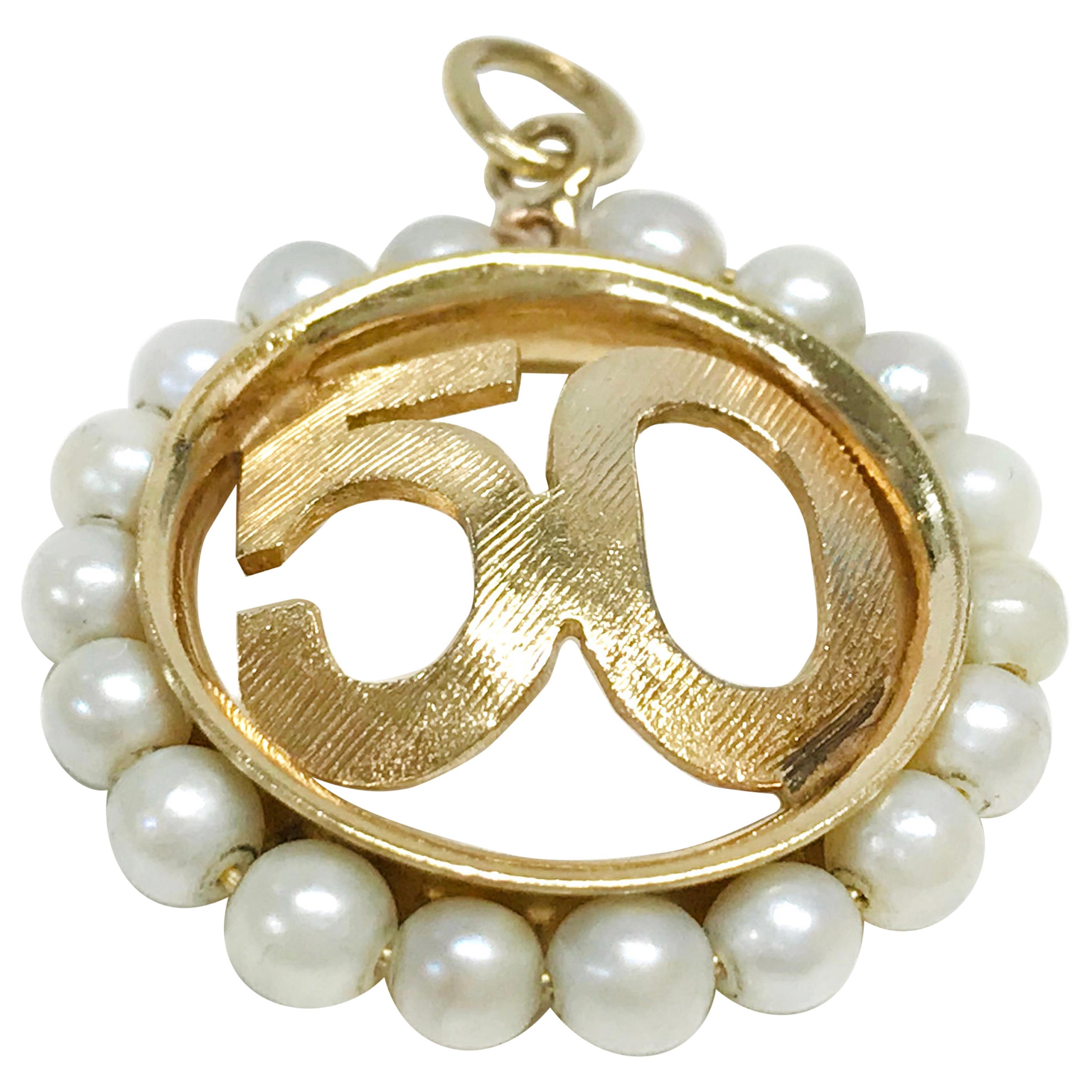 14 Karat Gold Rembrandt 50 Ring of Pearls Pendant For Sale