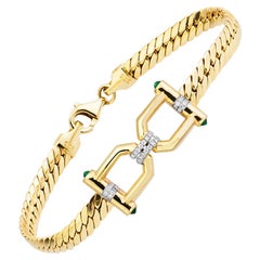 14 Karat Gold, Reverse Buckled Wicker Bracelet with Emerald and Diamond Details