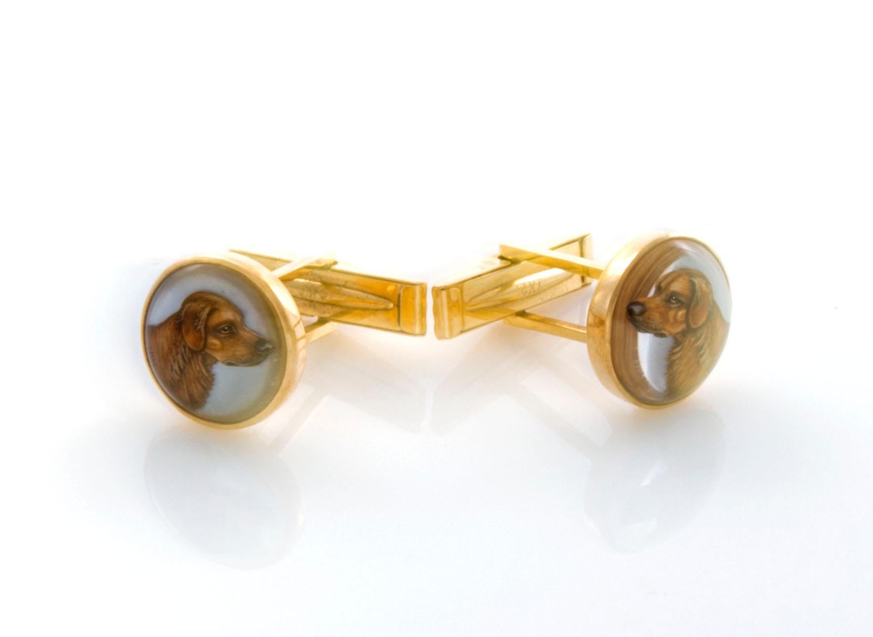 Artist 14 Karat Gold Reverse Crystal Intaglio Dog Cufflinks For Sale