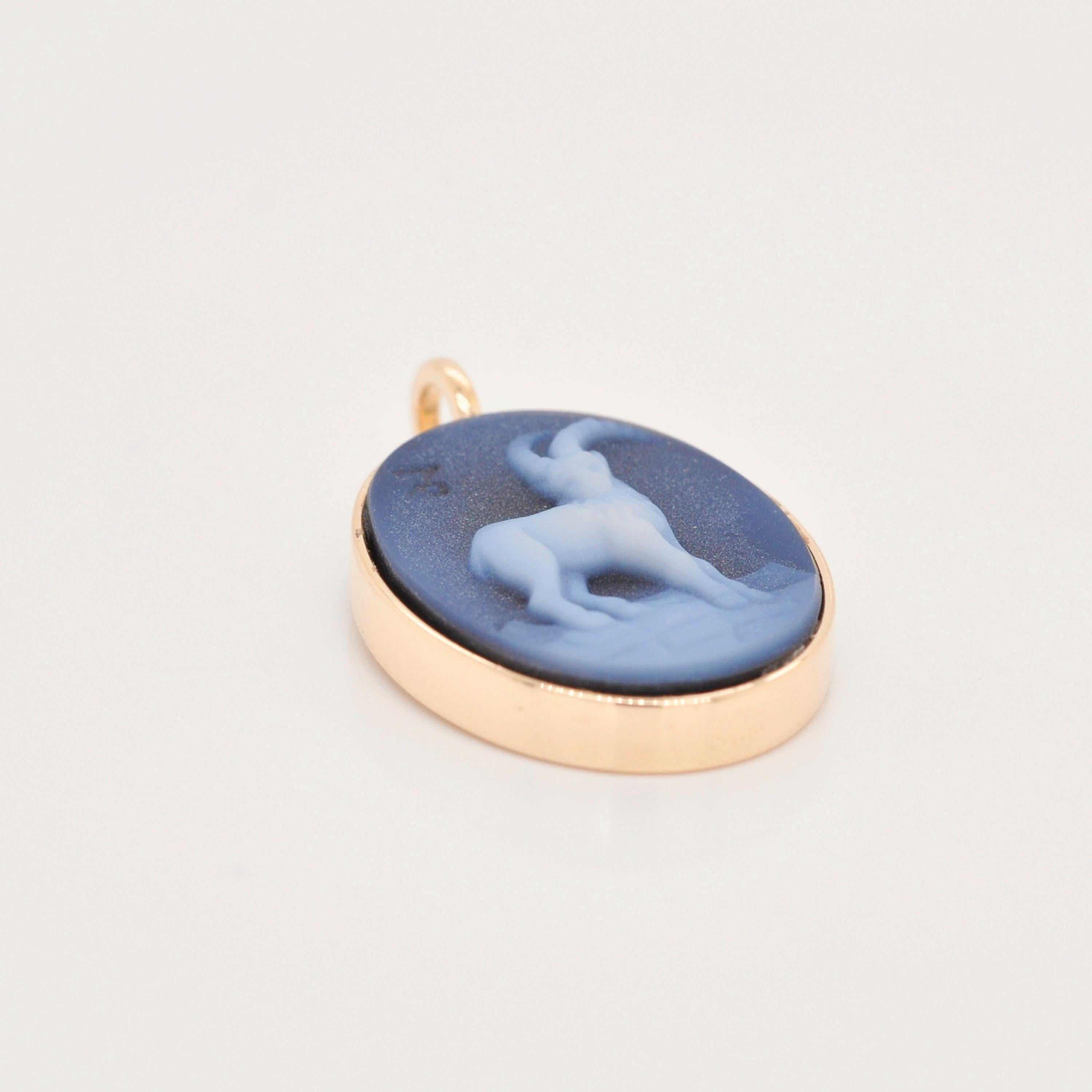Reversible Capricorn Carving Cameo Zodiac Diamond 14 Karat Gold Pendant Necklace For Sale 2
