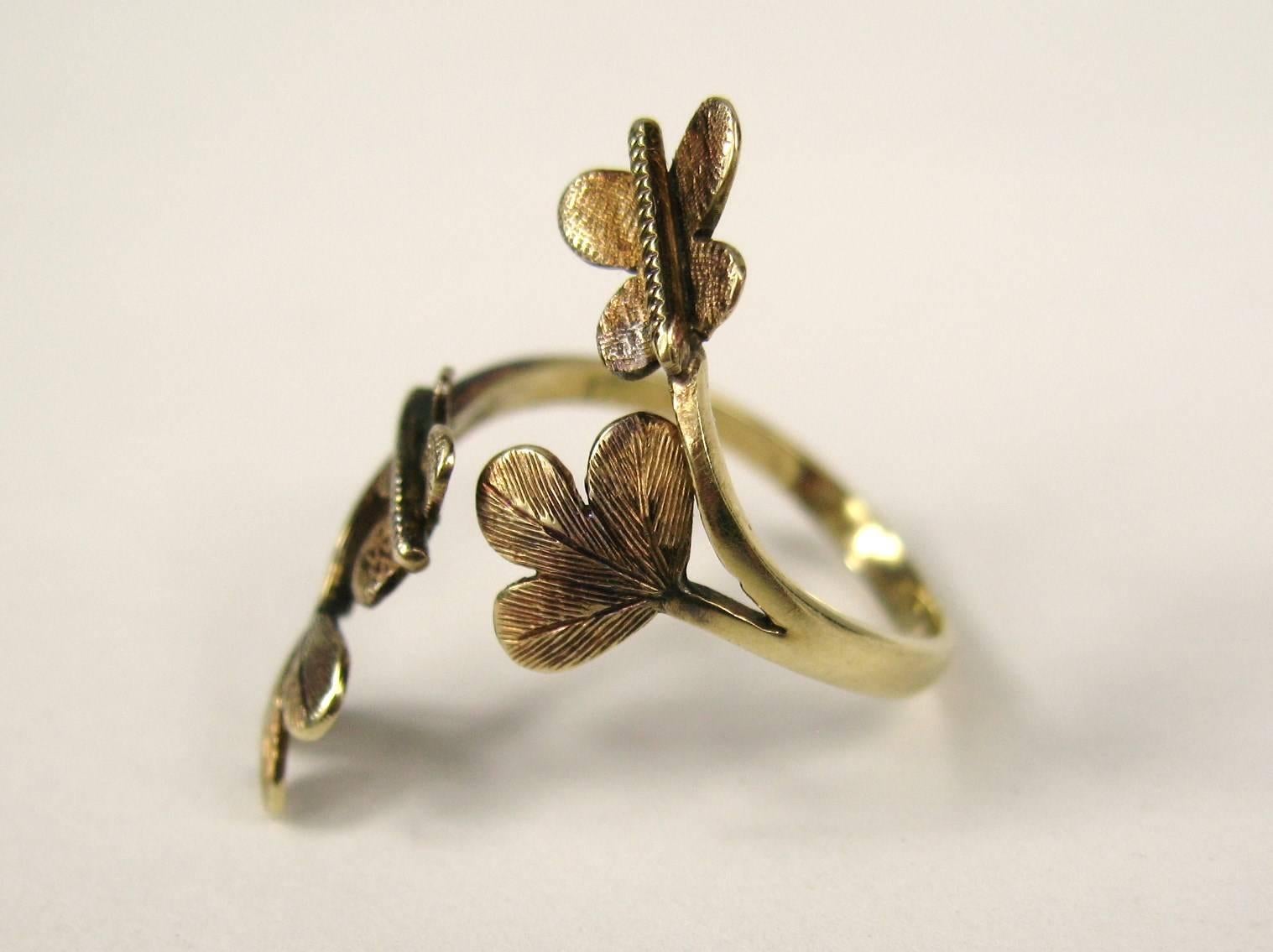 Women's or Men's 14 Karat Gold Ring Butterfly Leaf Wrap Tri-Colored Victorian For Sale