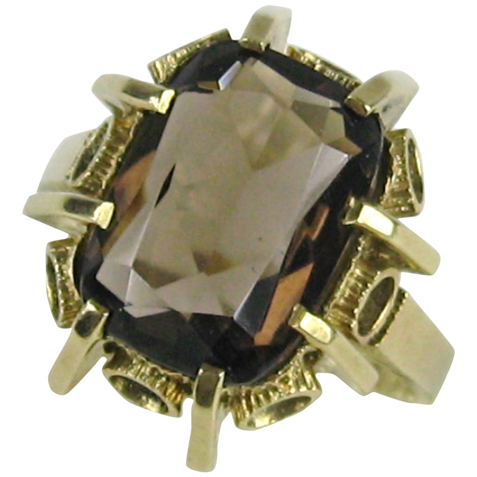 Bague en or 14 carats et quartz fumé, milieu du siècle, années 1950 en vente