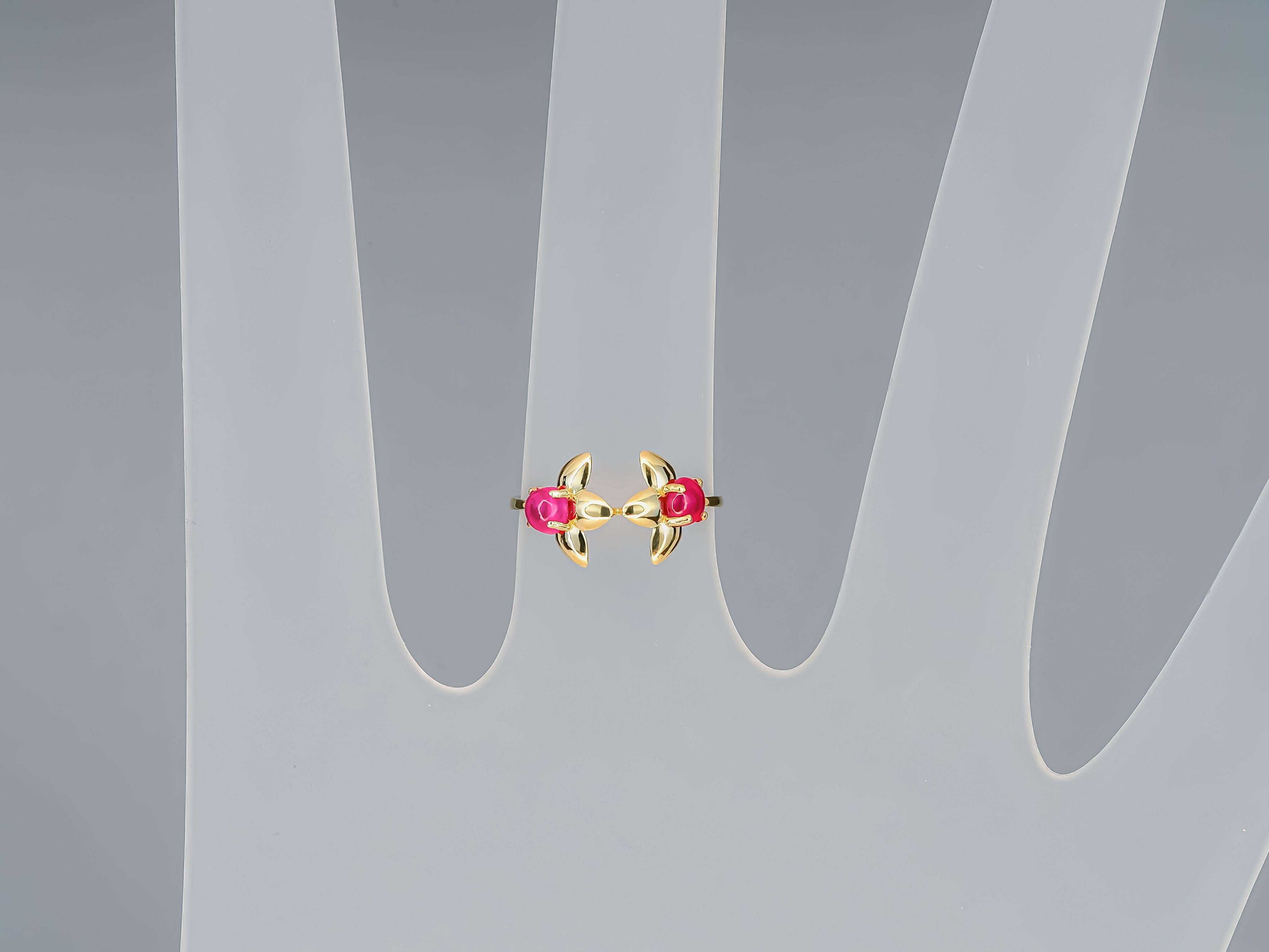 14 Karat Gold Ring with 2 Rubies, Flower Gold Ring, July Birthstone Ruby Ring For Sale 1