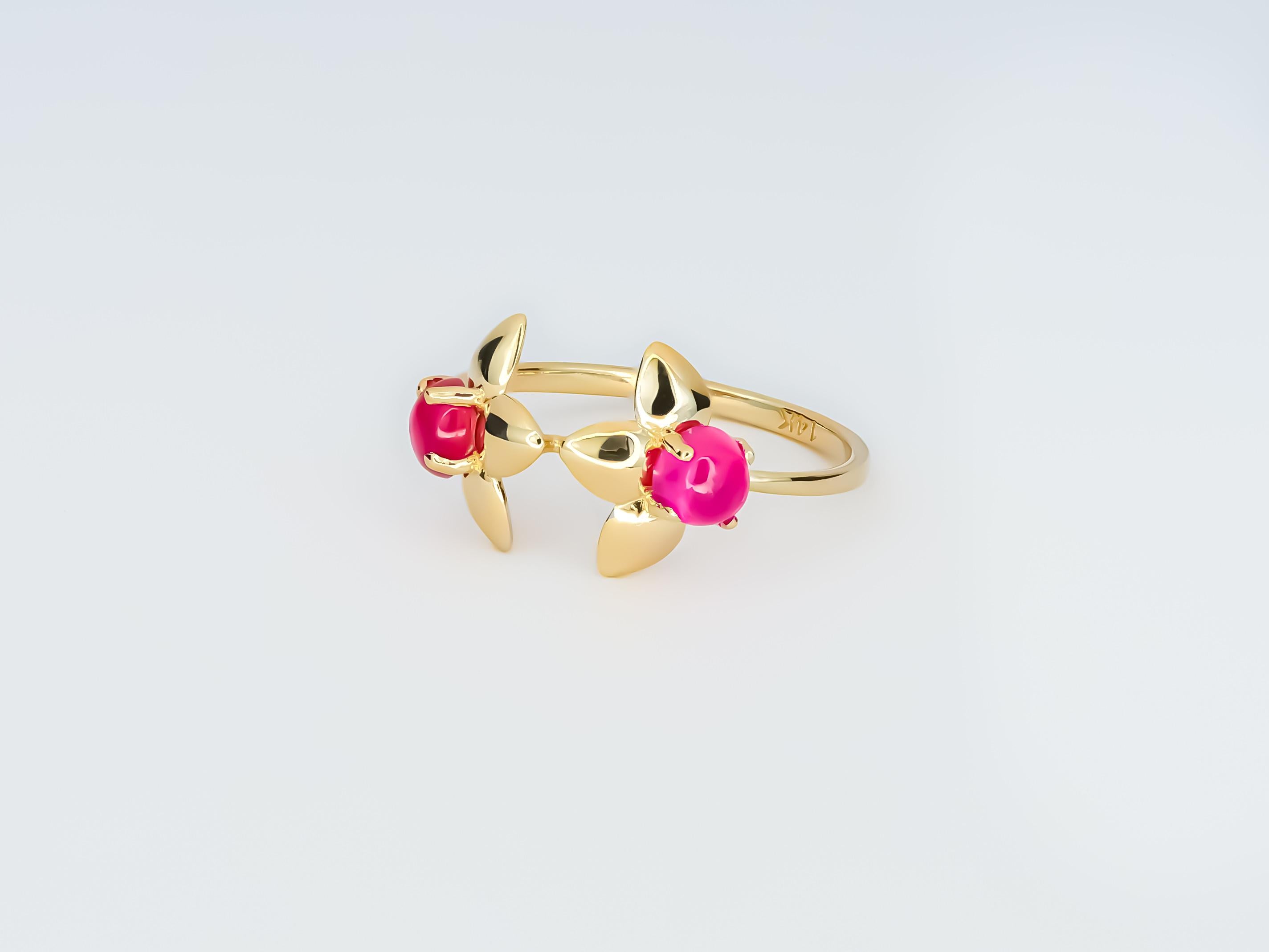 Modern 14 Karat Gold Ring with 2 Rubies, Flower Gold Ring, July Birthstone Ruby Ring For Sale