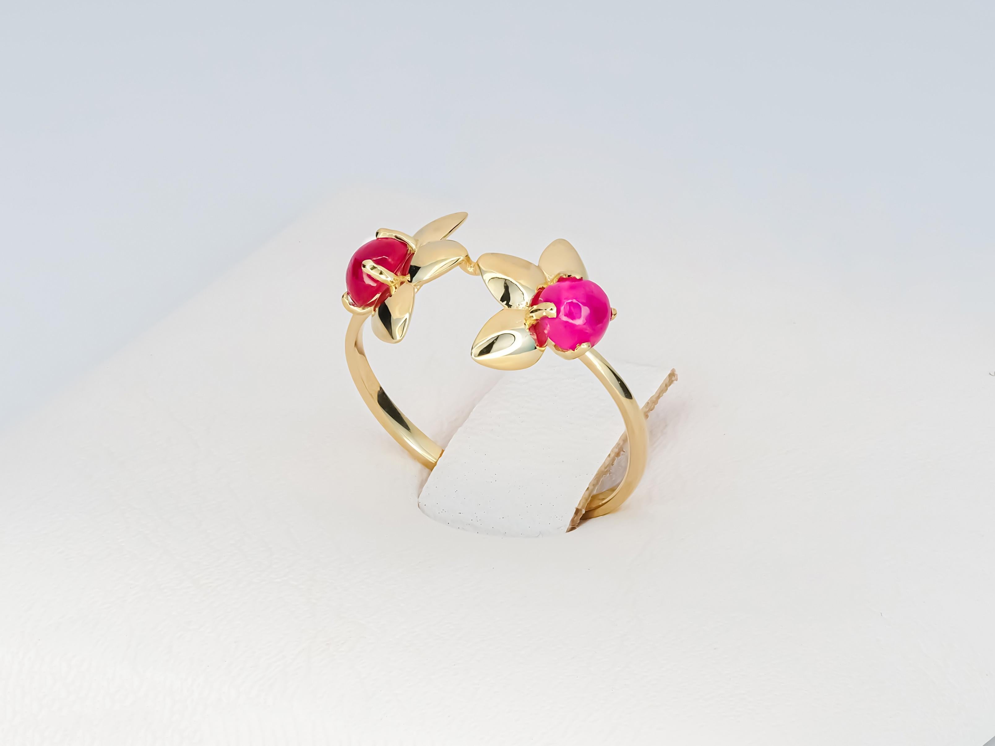 14 Karat Gold Ring with 2 Rubies, Flower Gold Ring, July Birthstone Ruby Ring In New Condition For Sale In Istanbul, TR