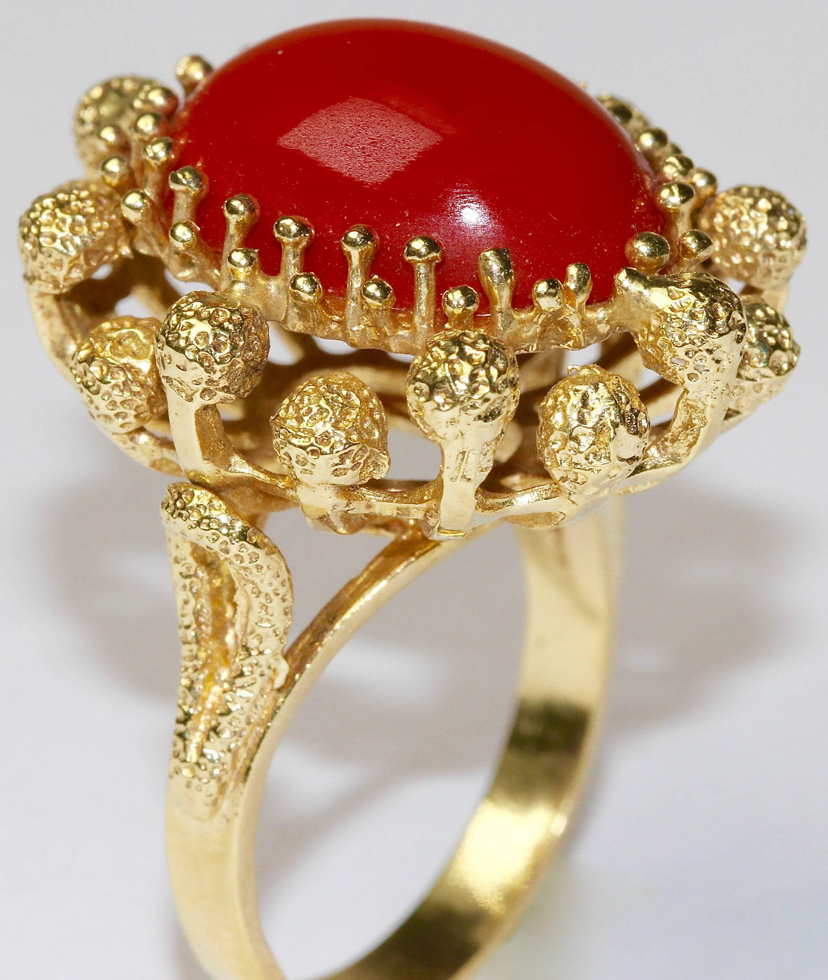 Oval Cut 14 Karat Gold Ring with Big Oval Salmon Coral For Sale