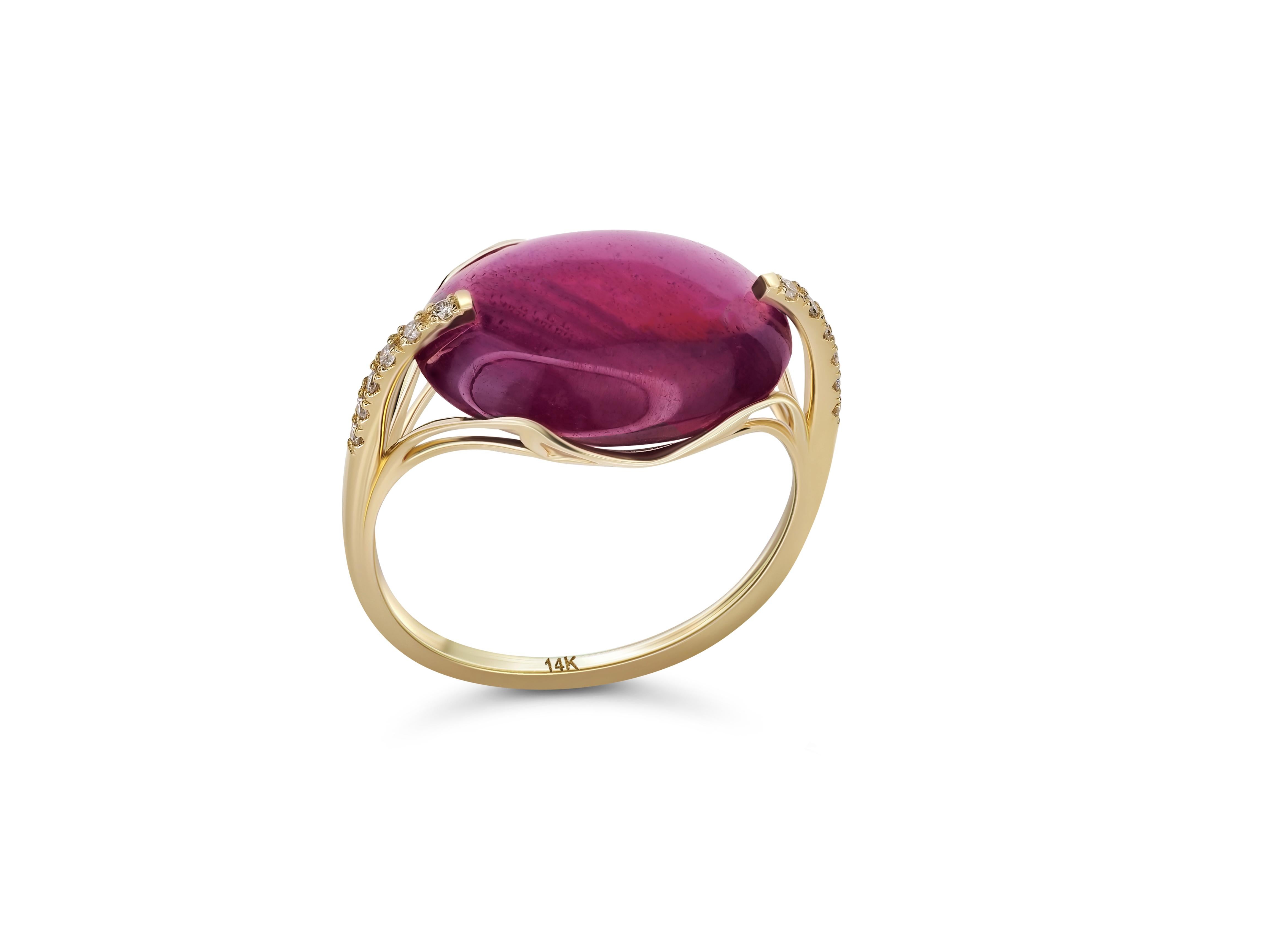 14 Karat Gold Ring with Cabochon Ruby and Diamonds. July birthstone ruby ring 6