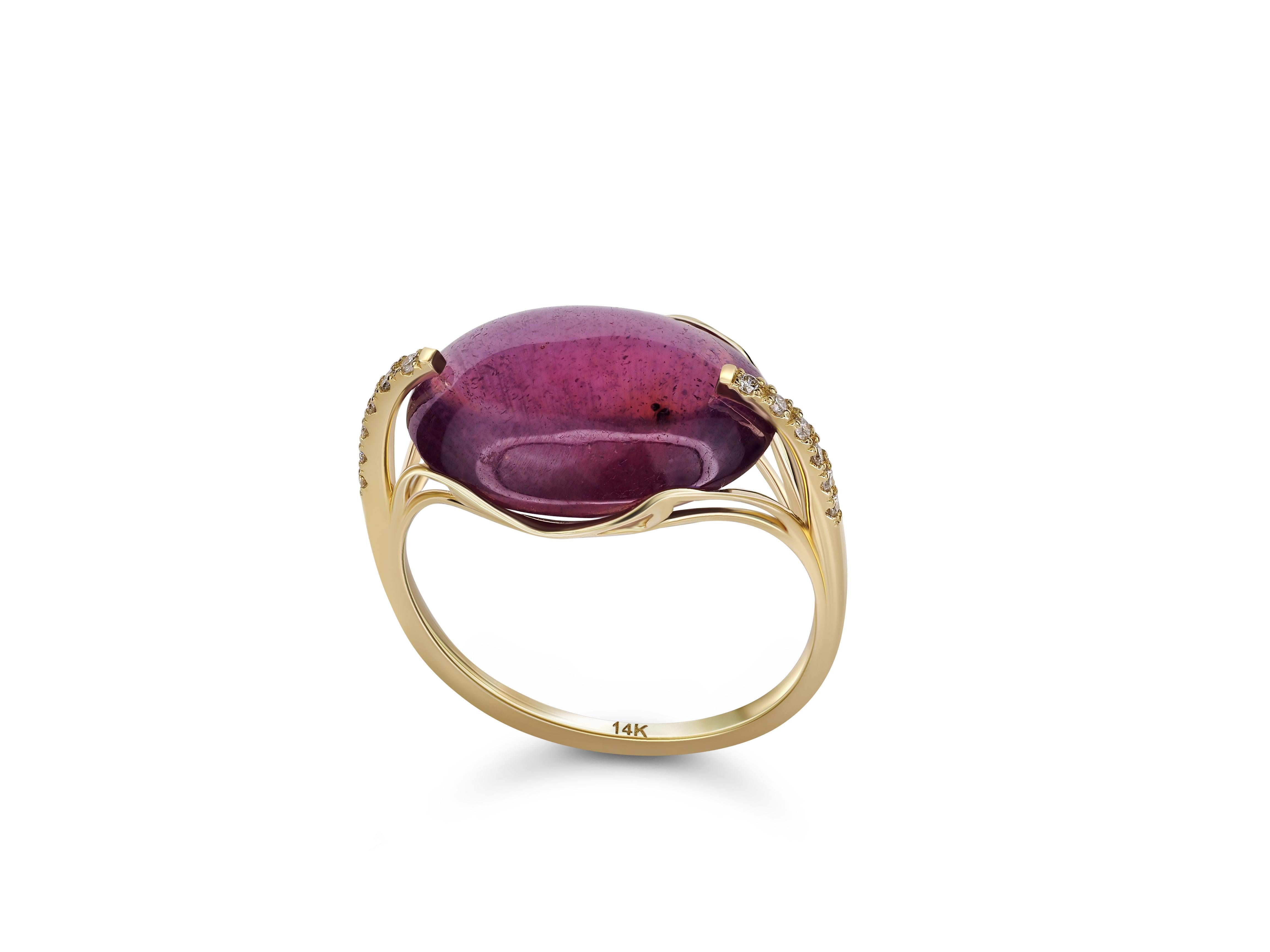 14 Karat Gold Ring with Cabochon Ruby and Diamonds. July birthstone ruby ring 7
