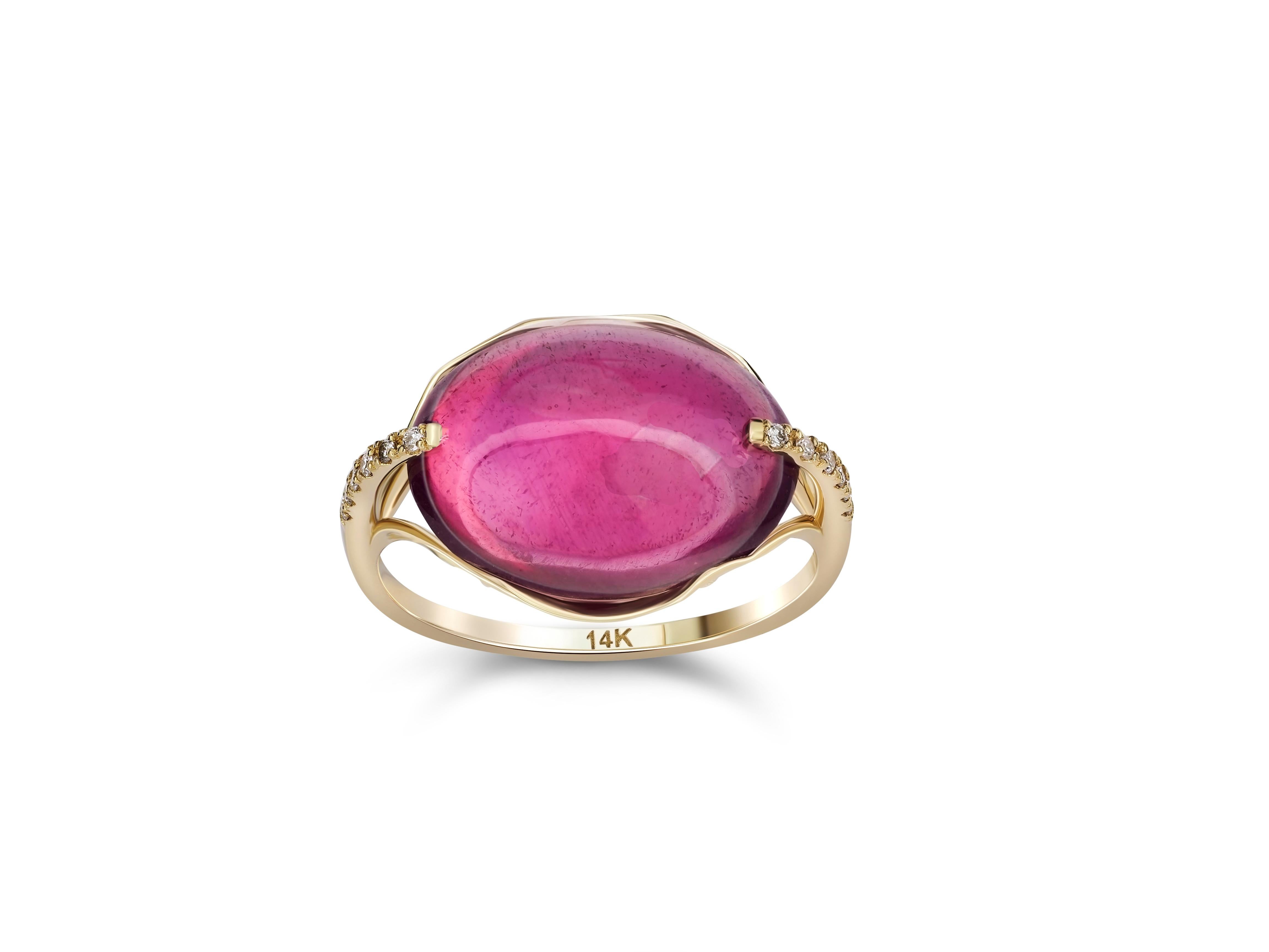 14 Karat Gold Ring with Cabochon Ruby and Diamonds. July birthstone ruby ring 8