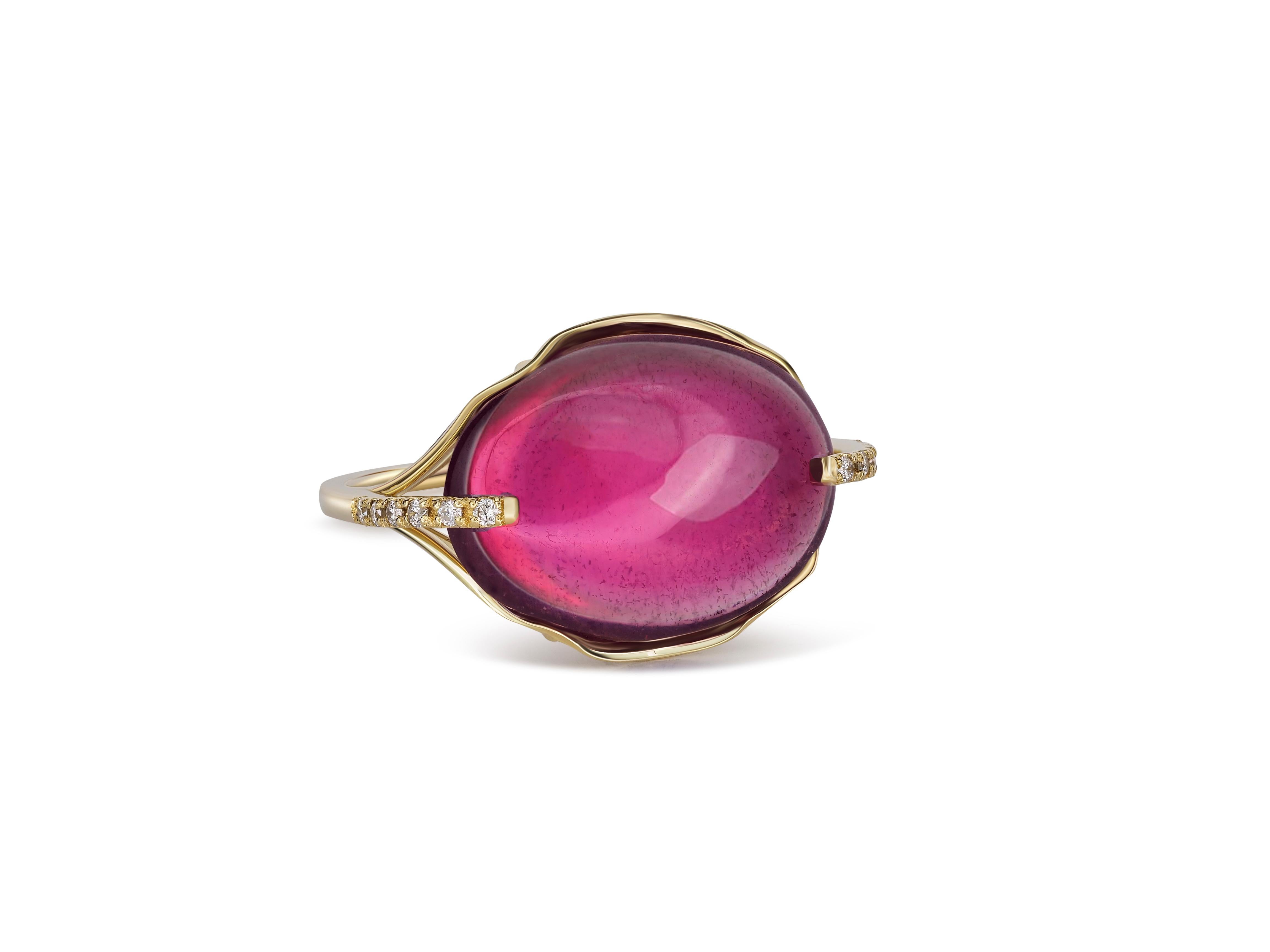 14 Karat Gold Ring with Cabochon Ruby and Diamonds. July birthstone ruby ring 9