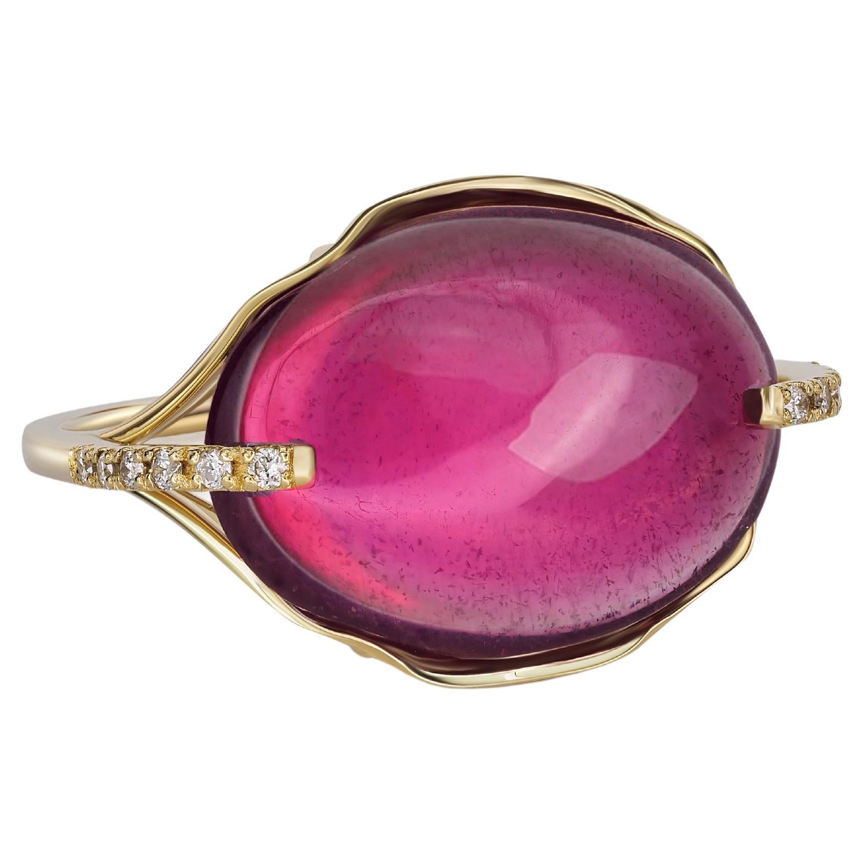 14 Karat Gold Ring with Cabochon Ruby and Diamonds, Cabochon Genuine Ruby Ring
