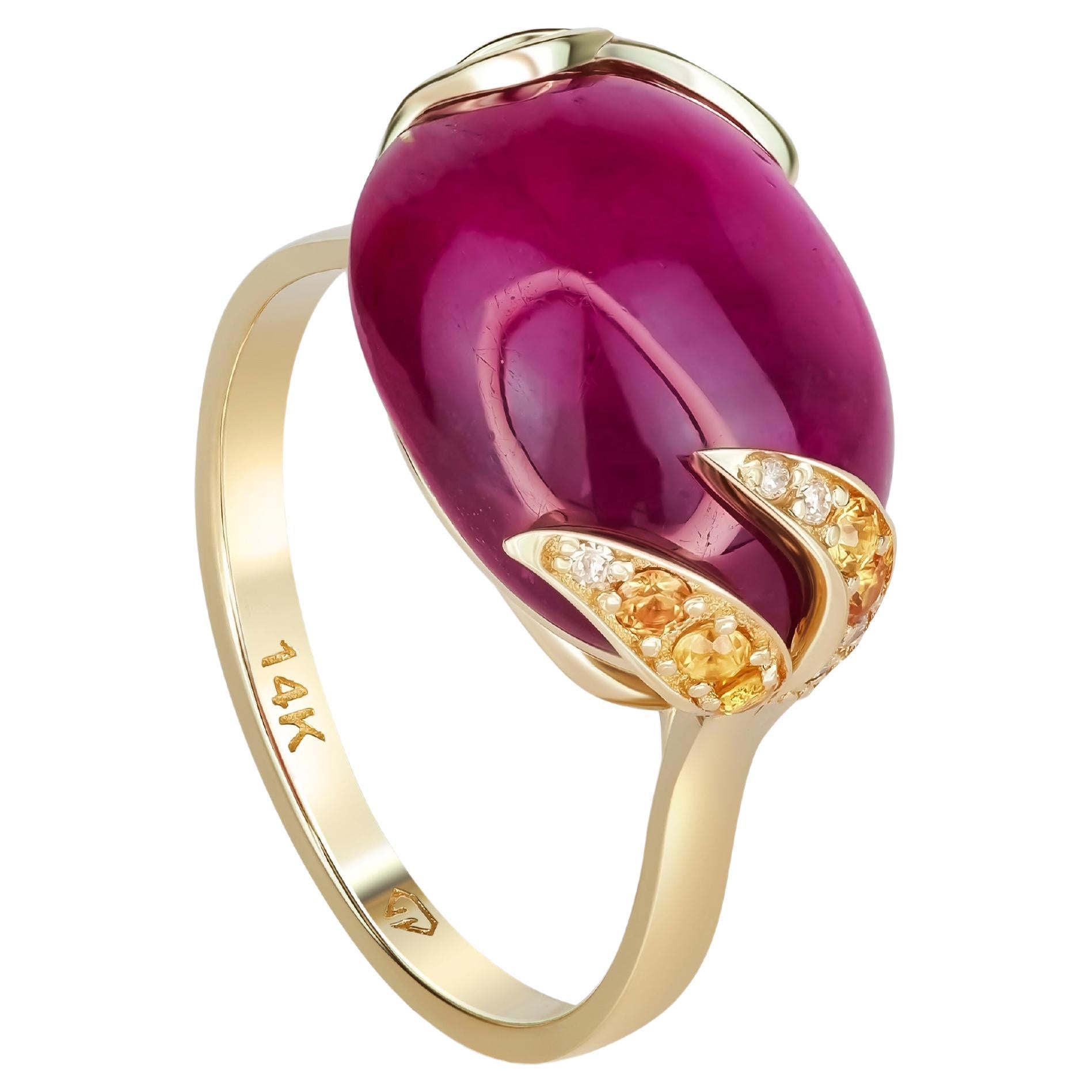 14 Karat Gold Ring with Cabochon Ruby and Diamonds. July birthstone ruby ring.