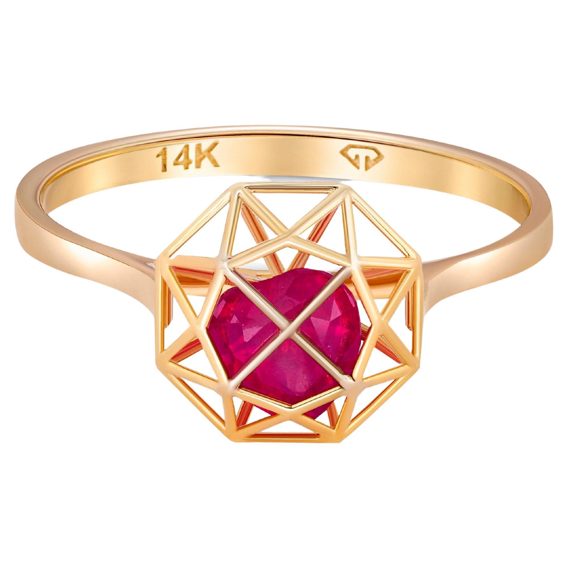 For Sale:  14 karat Gold Ring with Heart Ruby. July birthstone ruby ring. Love ring