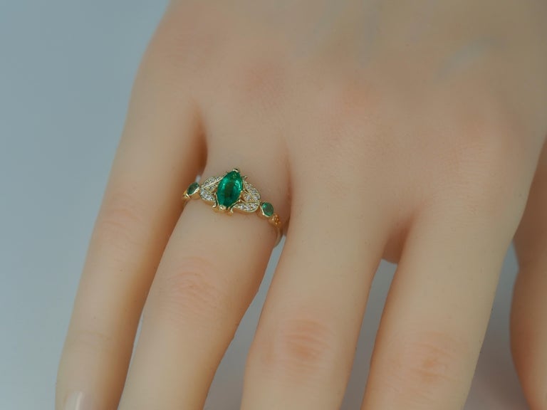 For Sale:  14 karat Gold Ring with Marquise Emerald. Vintage inspirired emerald ring. 2