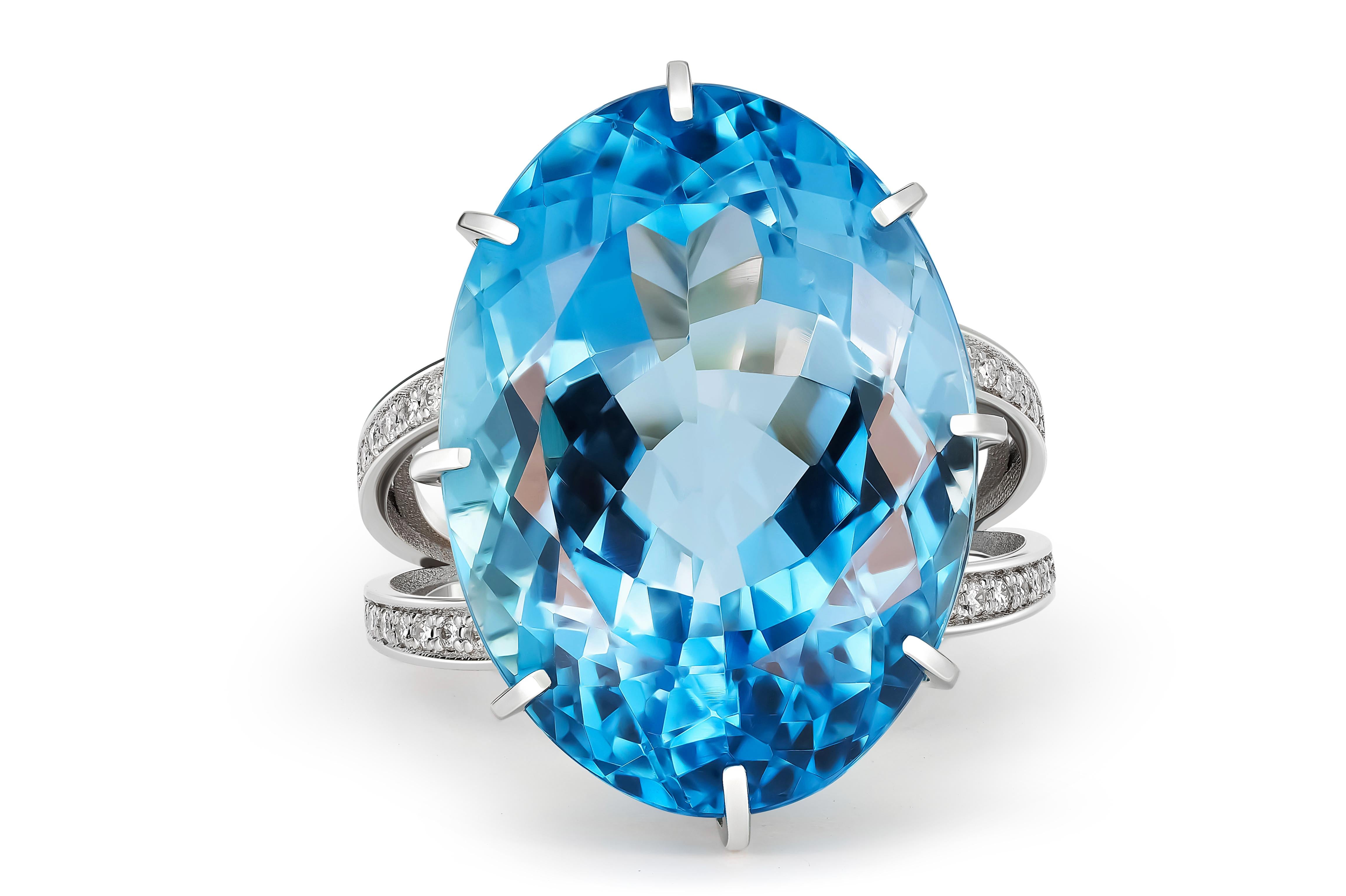 14 Karat Gold Ring mit ovalem Topas und Diamanten, Goldring mit himmelblauem Topas (Ovalschliff) im Angebot