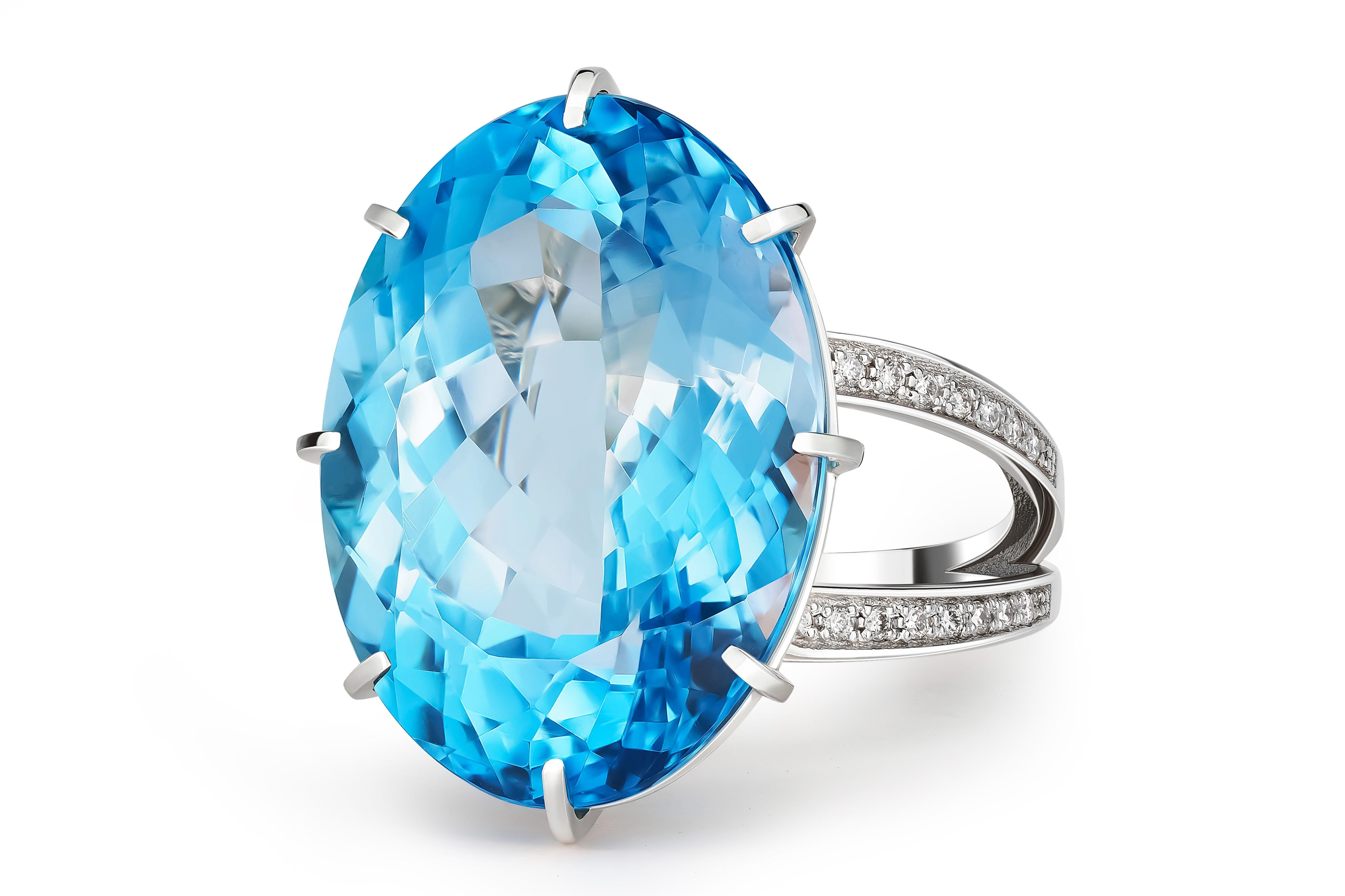 Women's 14 Karat Gold Ring with Oval Topaz and Diamonds, Gold Ring with Sky Blue Topaz For Sale