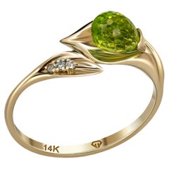 14 Karat Gold Ring with Peridot and Diamonds, Lily Calla Gold Ring