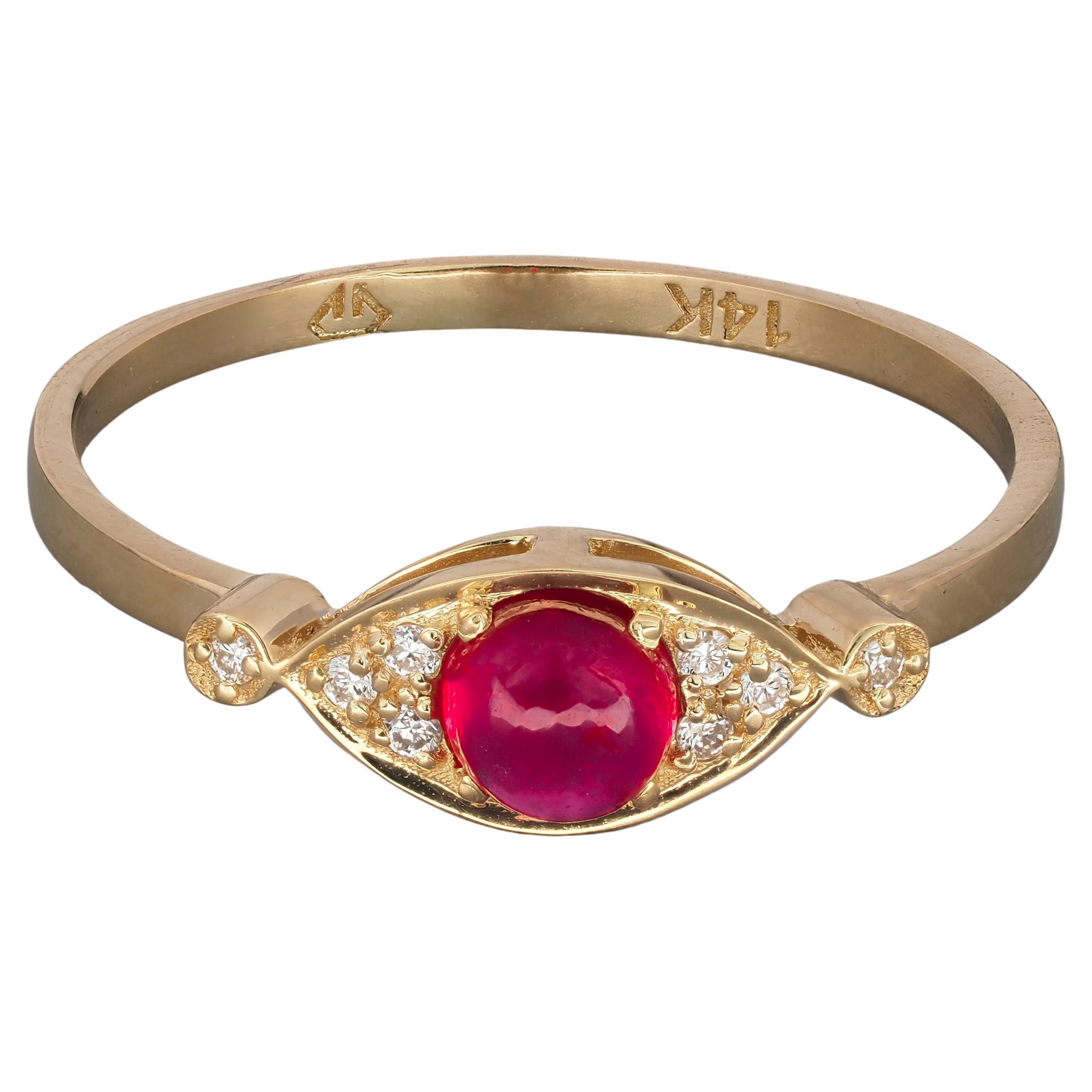 14 Karat Gold Ring with Ruby and Diamonds, "Evel Eye" Gold Ring