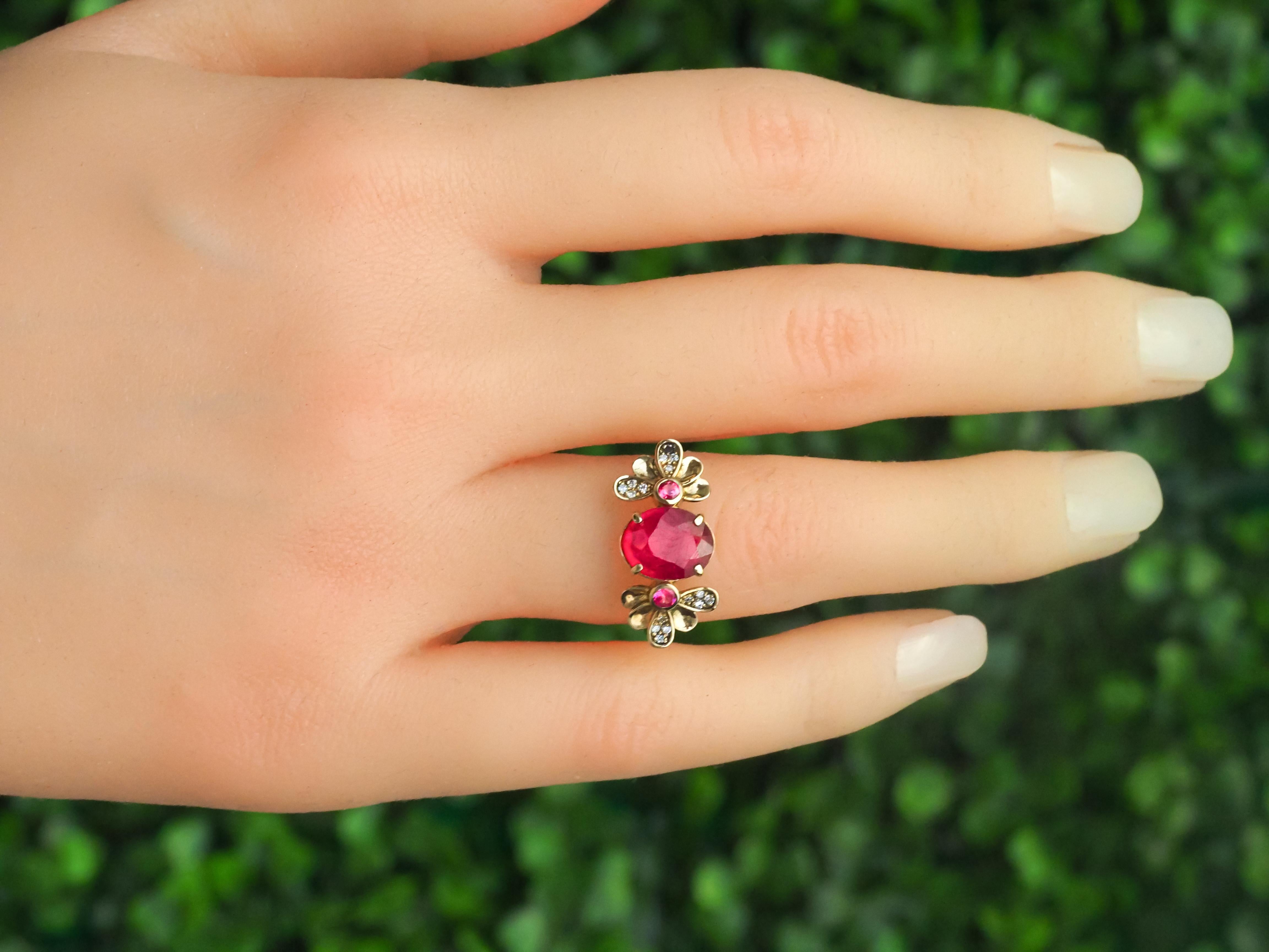 For Sale:  14 Karat Gold Ring with Ruby and Diamonds. Flower design ruby ring 9