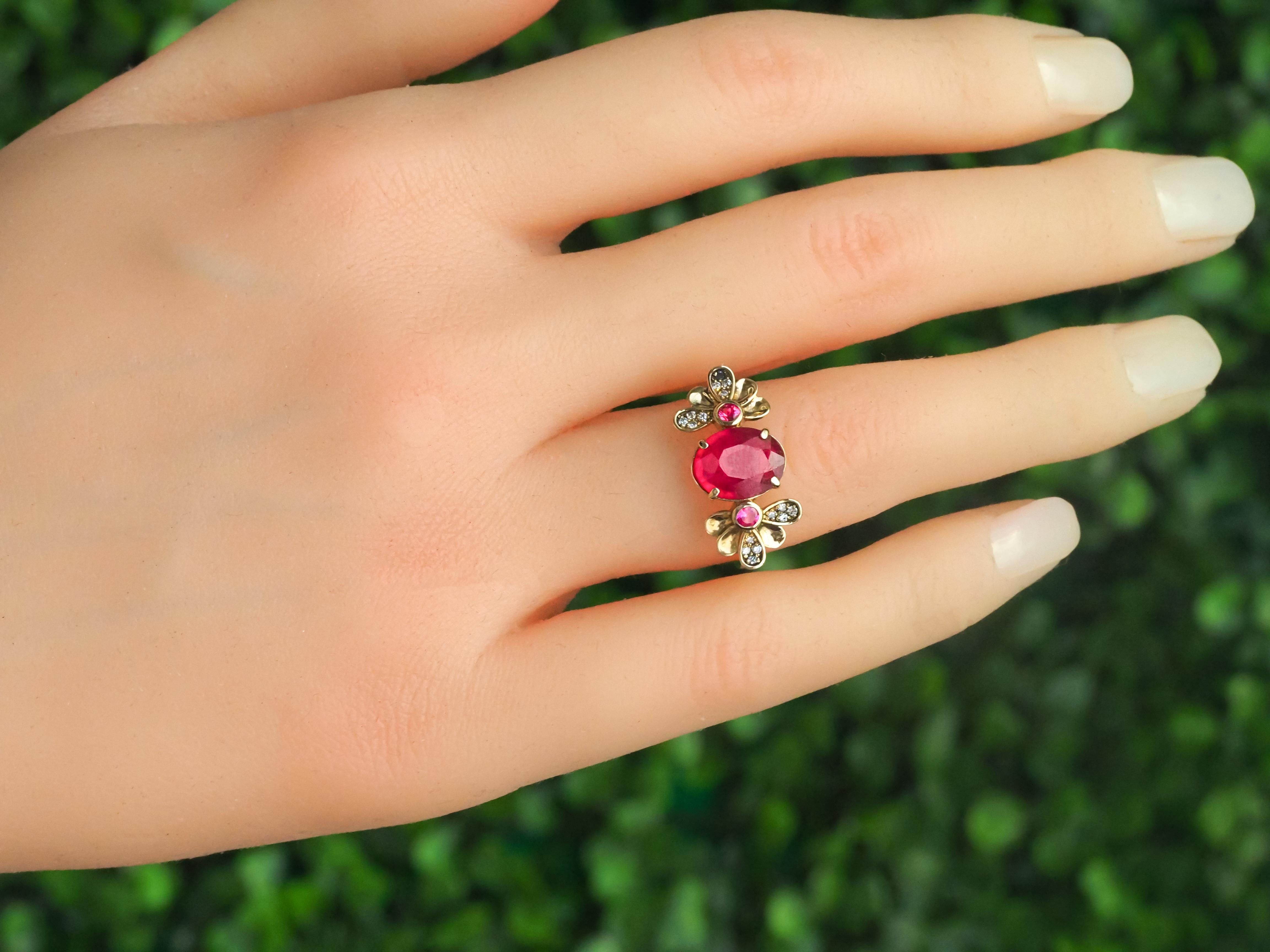 For Sale:  14 Karat Gold Ring with Ruby and Diamonds. Flower design ruby ring 10