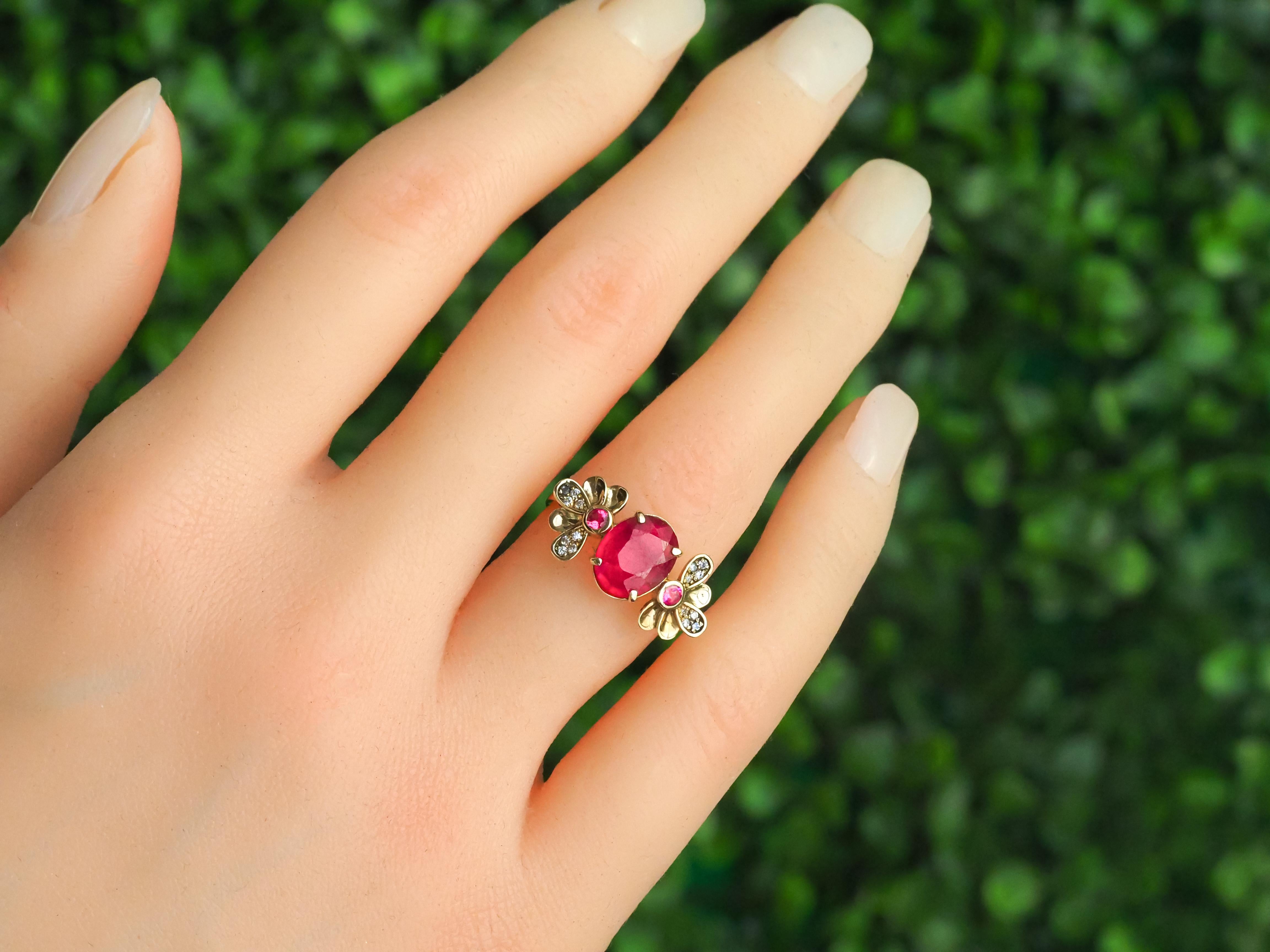 For Sale:  14 Karat Gold Ring with Ruby and Diamonds. Flower design ruby ring 11