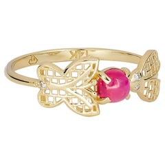 14 Karat Gold Ring with Ruby and Diamonds, July Birthstone Ruby Ring