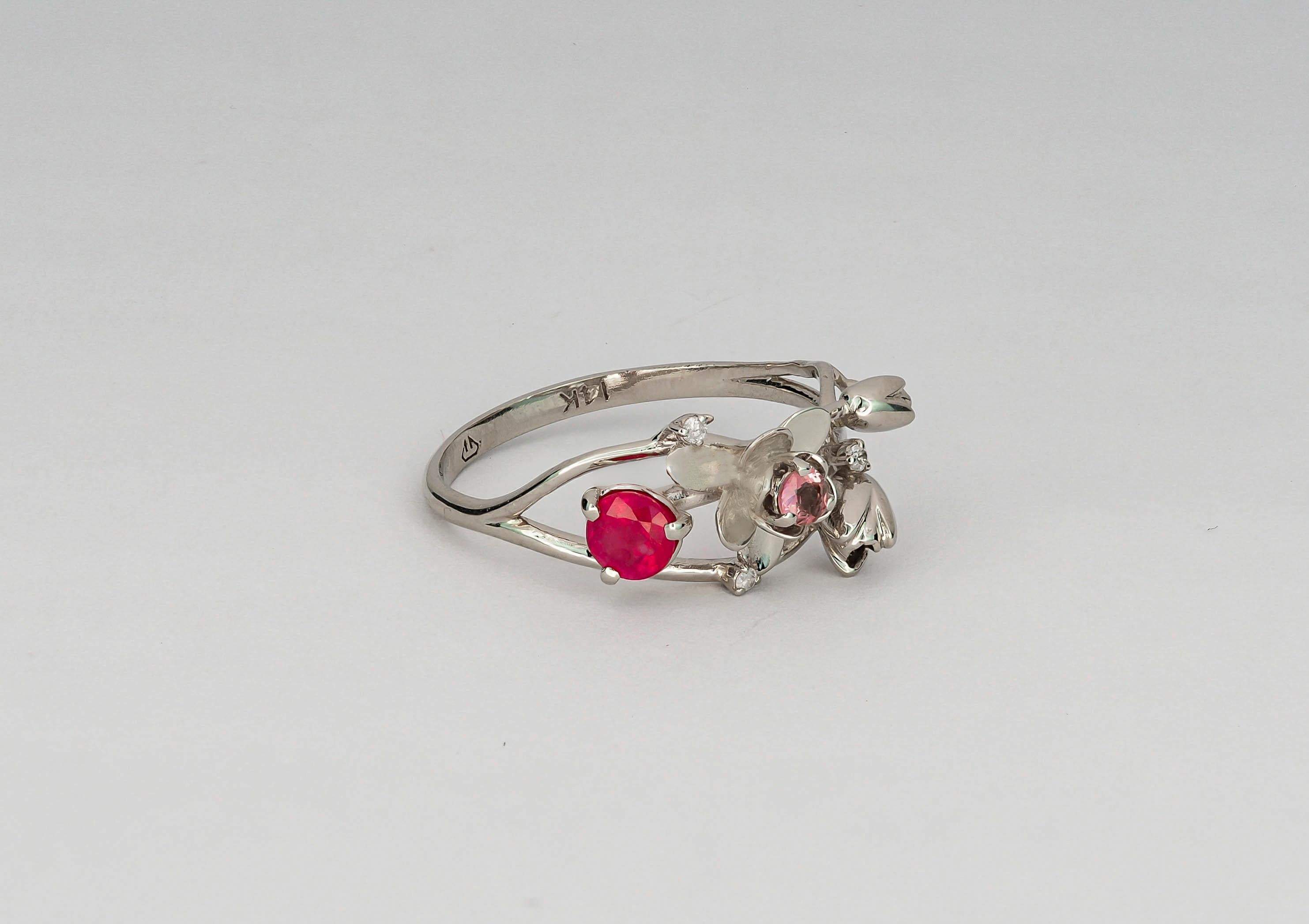 Modern 14 Karat Gold Ring with Ruby and Diamonds, Orchid Flower Gold Ring For Sale