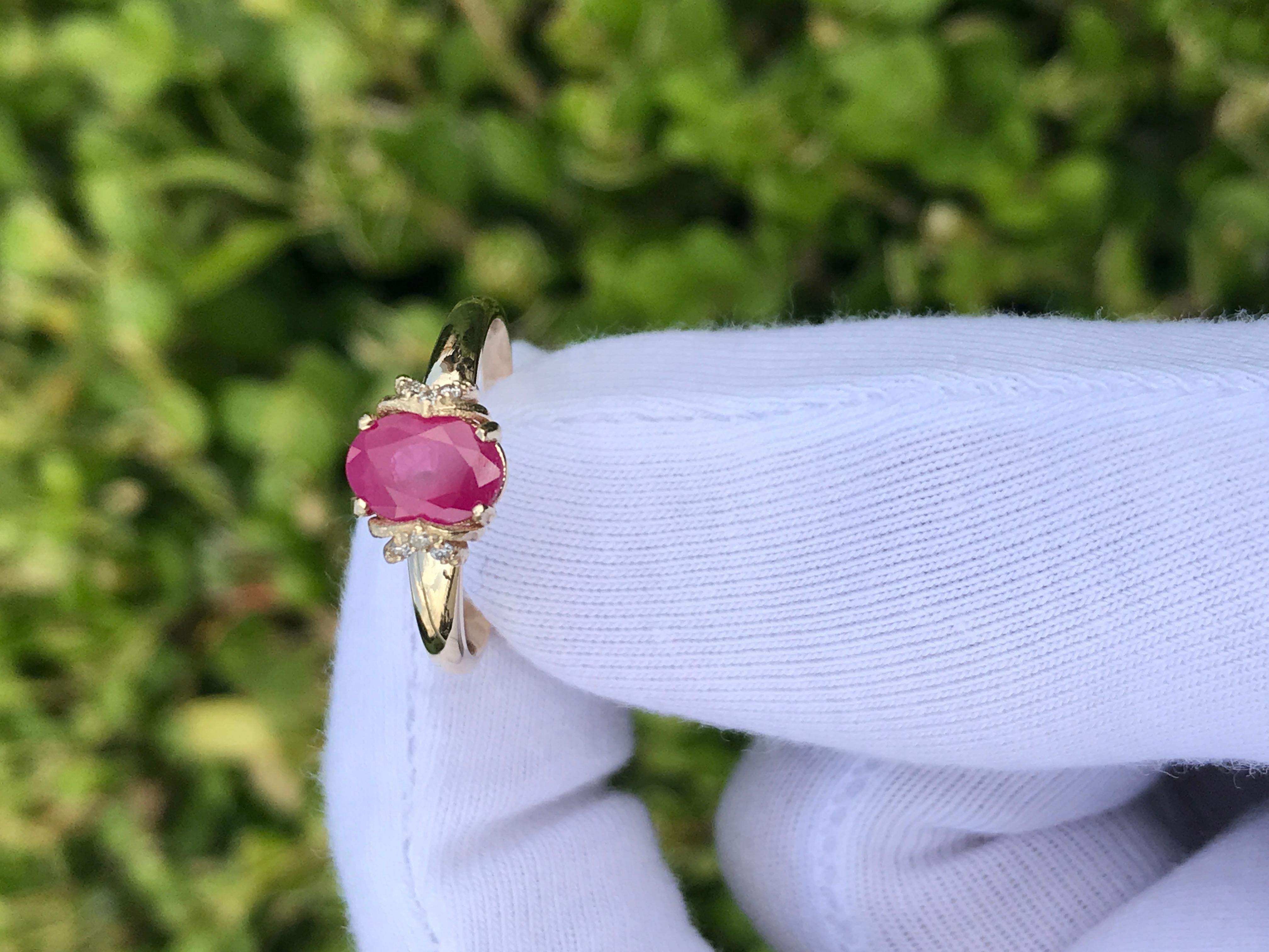 For Sale:  14 Karat Gold Ring with Ruby and Diamonds. Oval ruby ring! 9