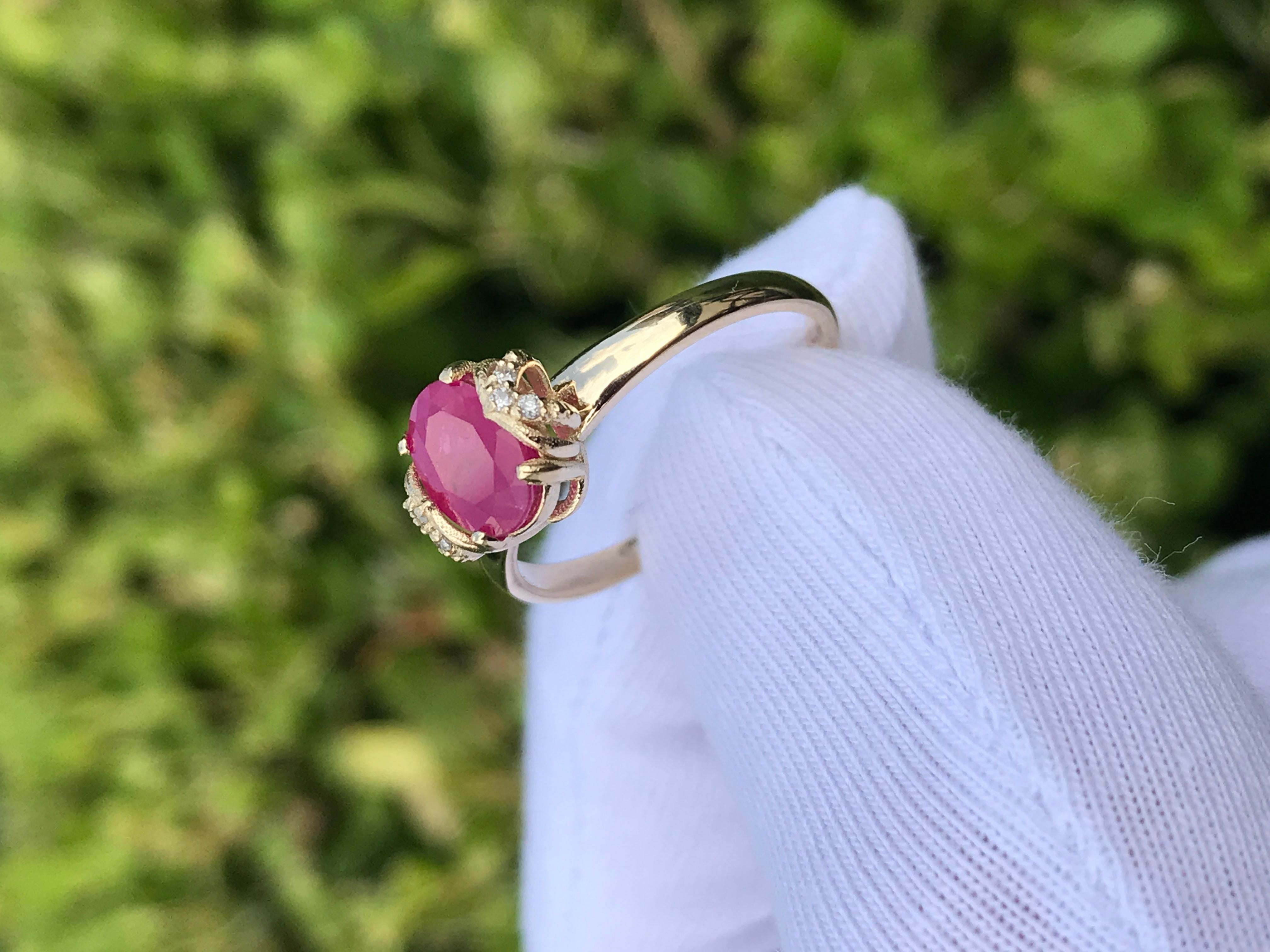 For Sale:  14 Karat Gold Ring with Ruby and Diamonds. Oval ruby ring! 10