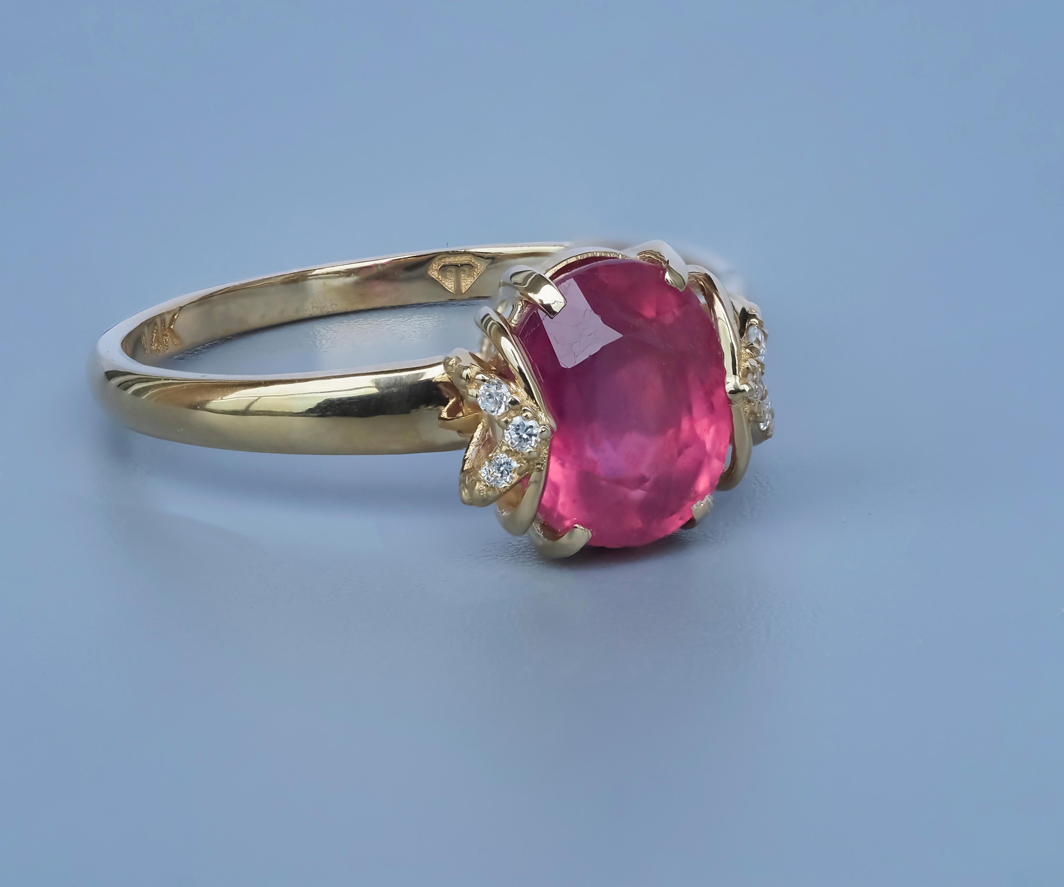 For Sale:  14 Karat Gold Ring with Ruby and Diamonds. Oval ruby ring! 4