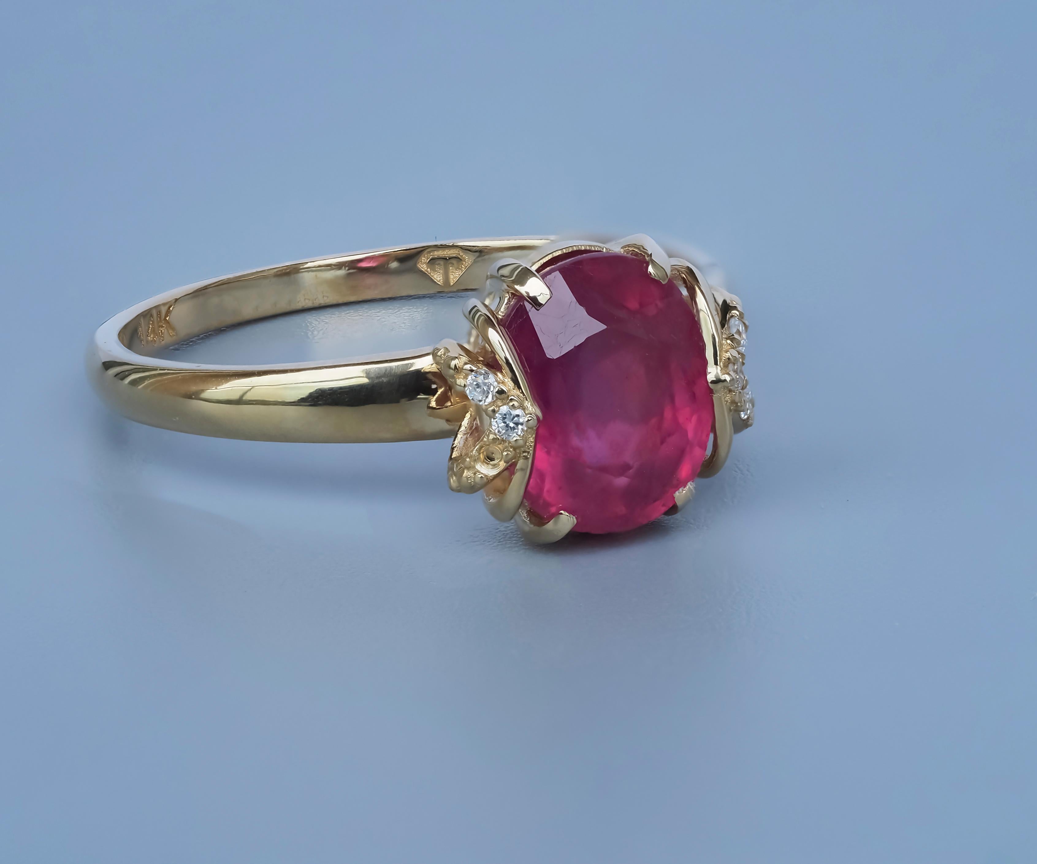 14 Karat Gold Ring with Ruby and Diamonds, Oval Ruby Ring 2