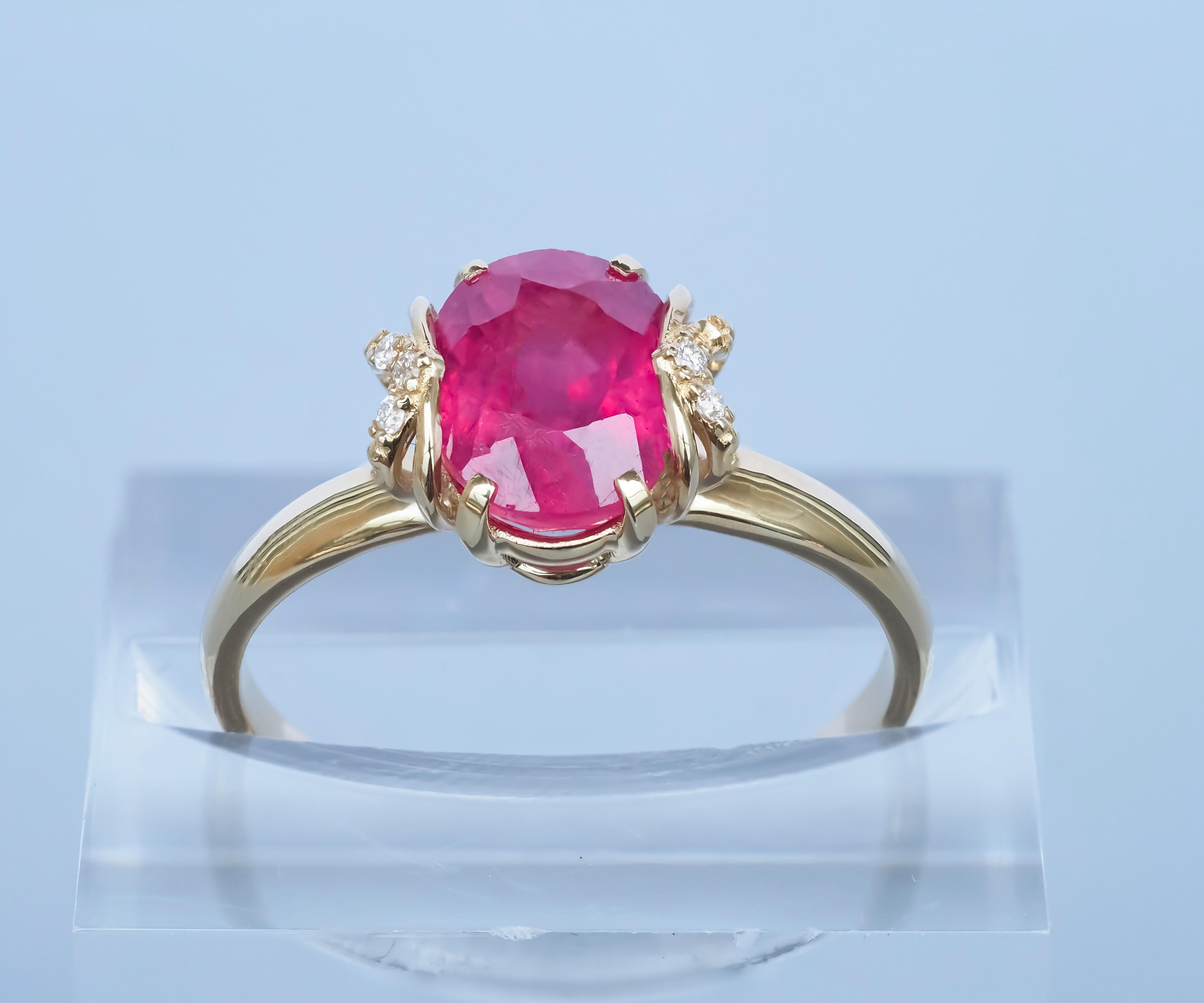 14 Karat Gold Ring with Ruby and Diamonds, Oval Ruby Ring 4