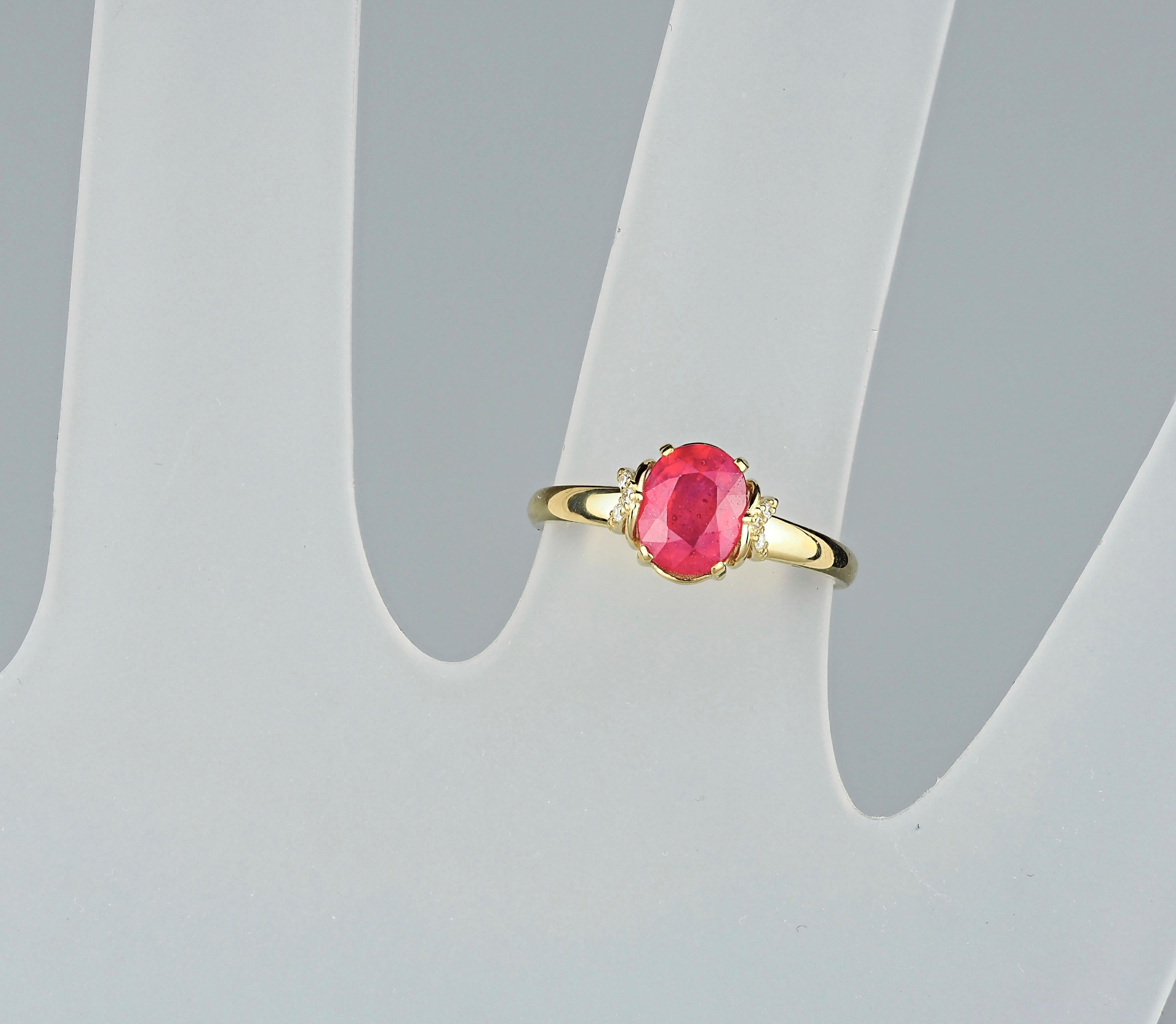 For Sale:  14 Karat Gold Ring with Ruby and Diamonds. Oval ruby ring! 7