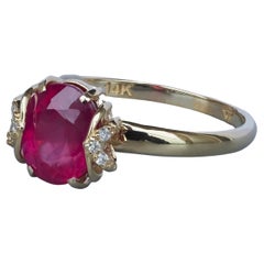 14 Karat Gold Ring with Ruby and Diamonds, Oval Ruby Ring