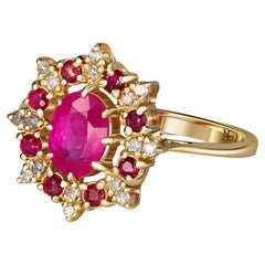 14 Karat Gold Ring with Ruby and Diamonds, Snowflake Gold Ring